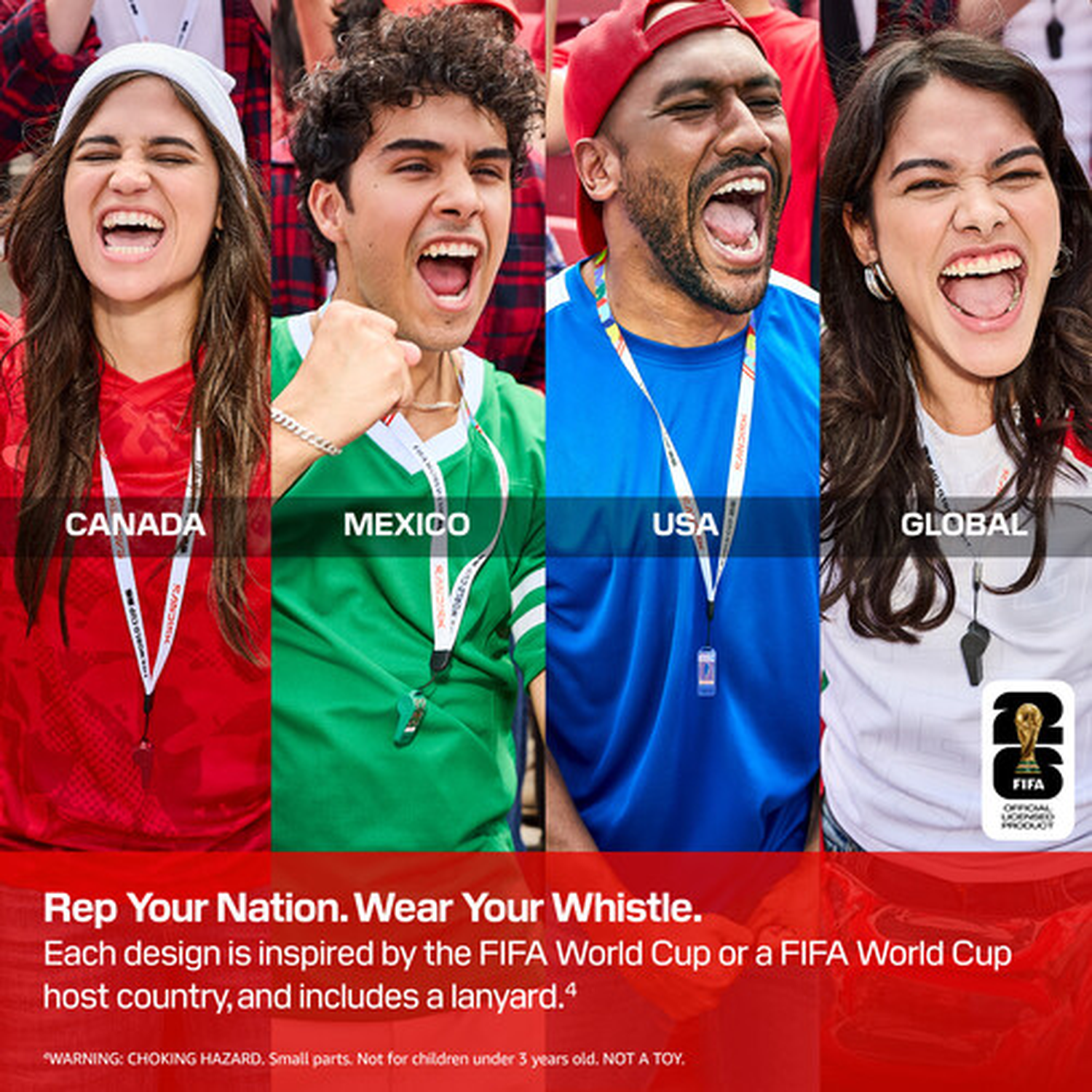 Vier juichende fans in nationale tenues met lanyards. Canada, Mexico, VS, Wereldwijd.