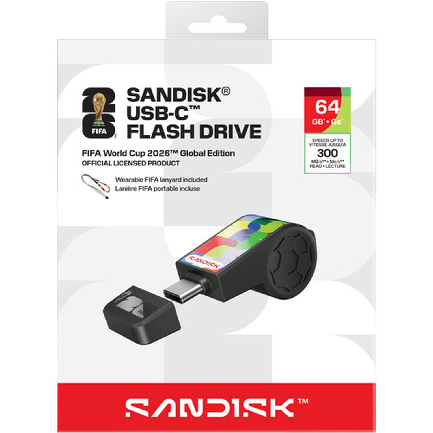 Sandisk USB-C 64GB flash drive, FIFA World Cup 2026 editie. Inclusief lanyard.