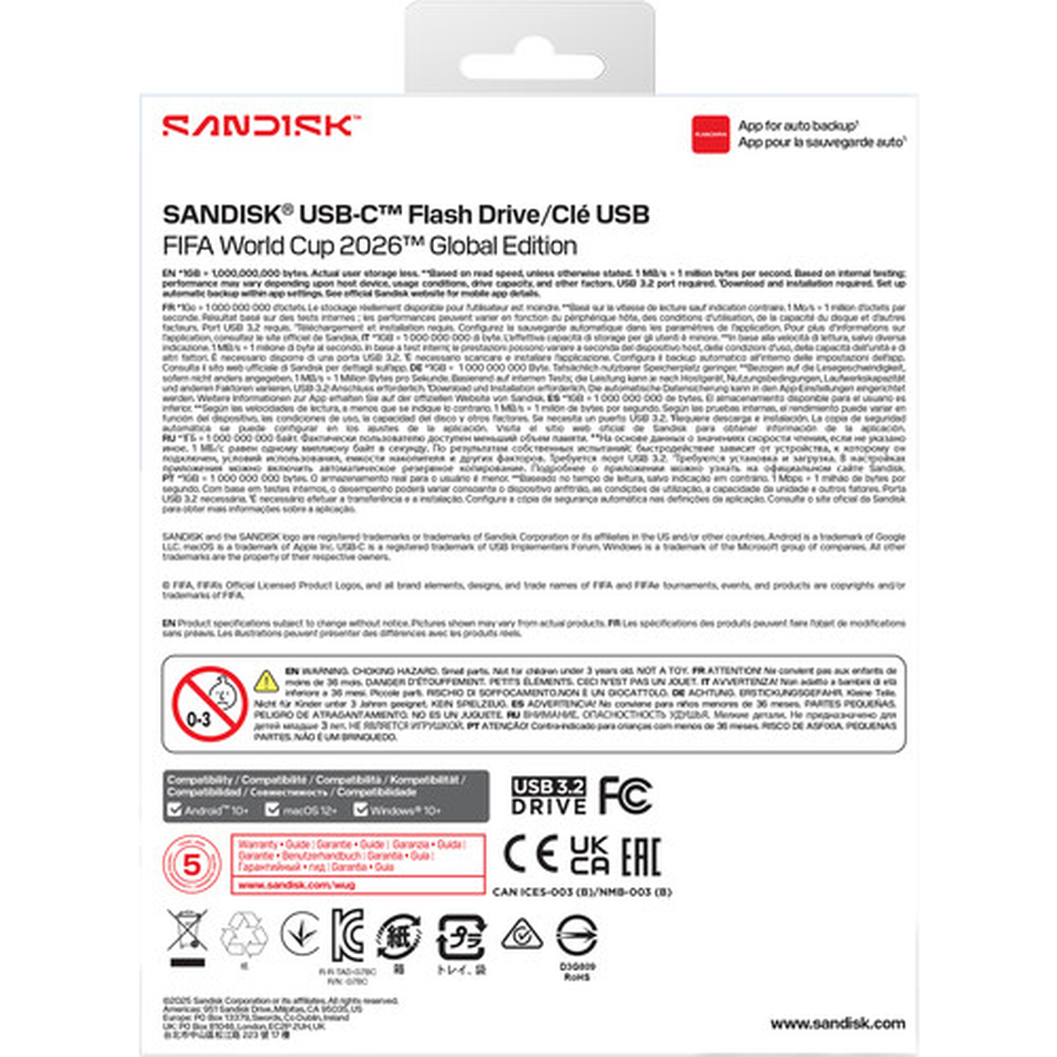Sandisk USB-C stick, FIFA World Cup 2026 editie, met waarschuwing en compatibiliteitsinfo.