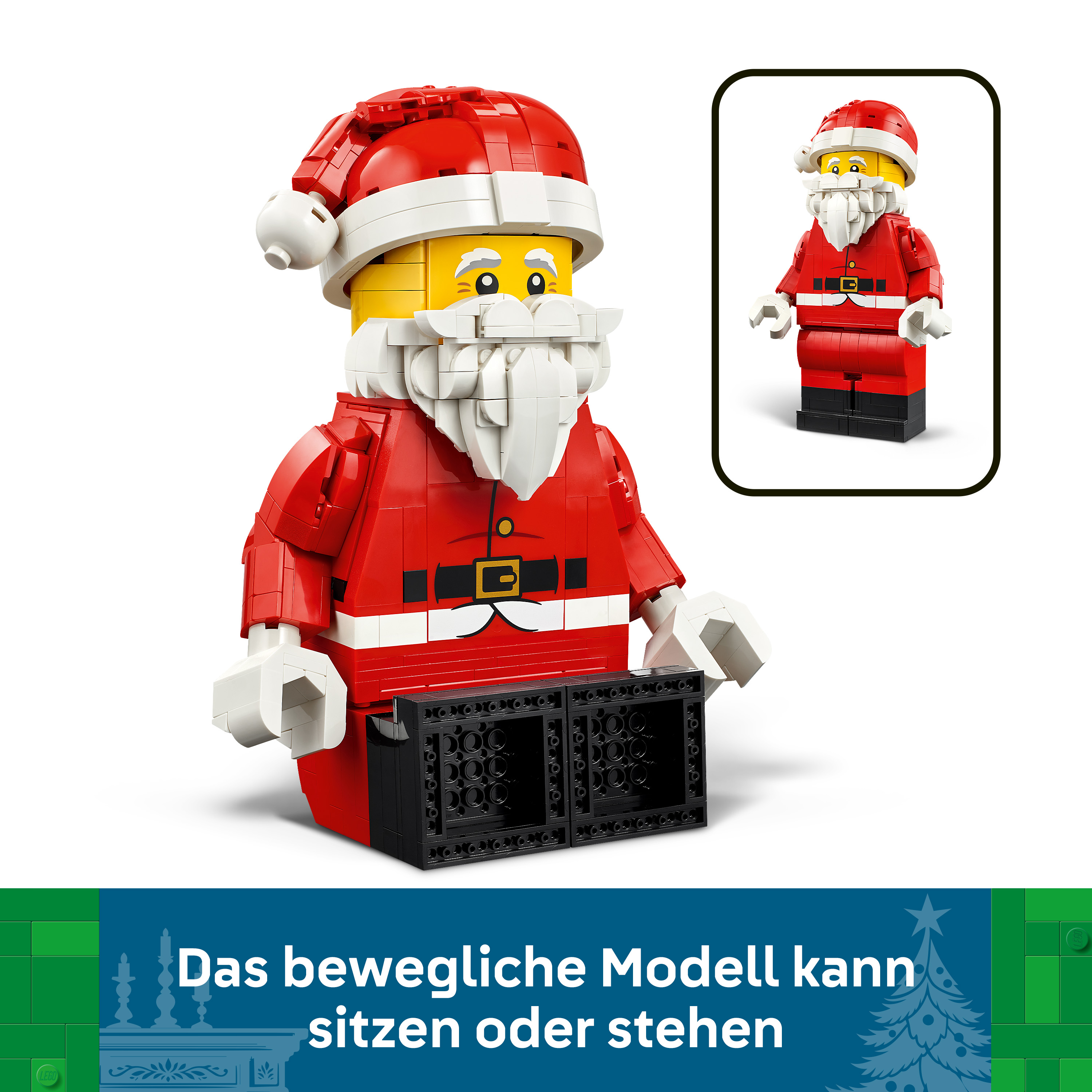 Lego Weihnachtsmann mit schwarzer Basis und kleinem Weihnachtsmann im Rahmen.