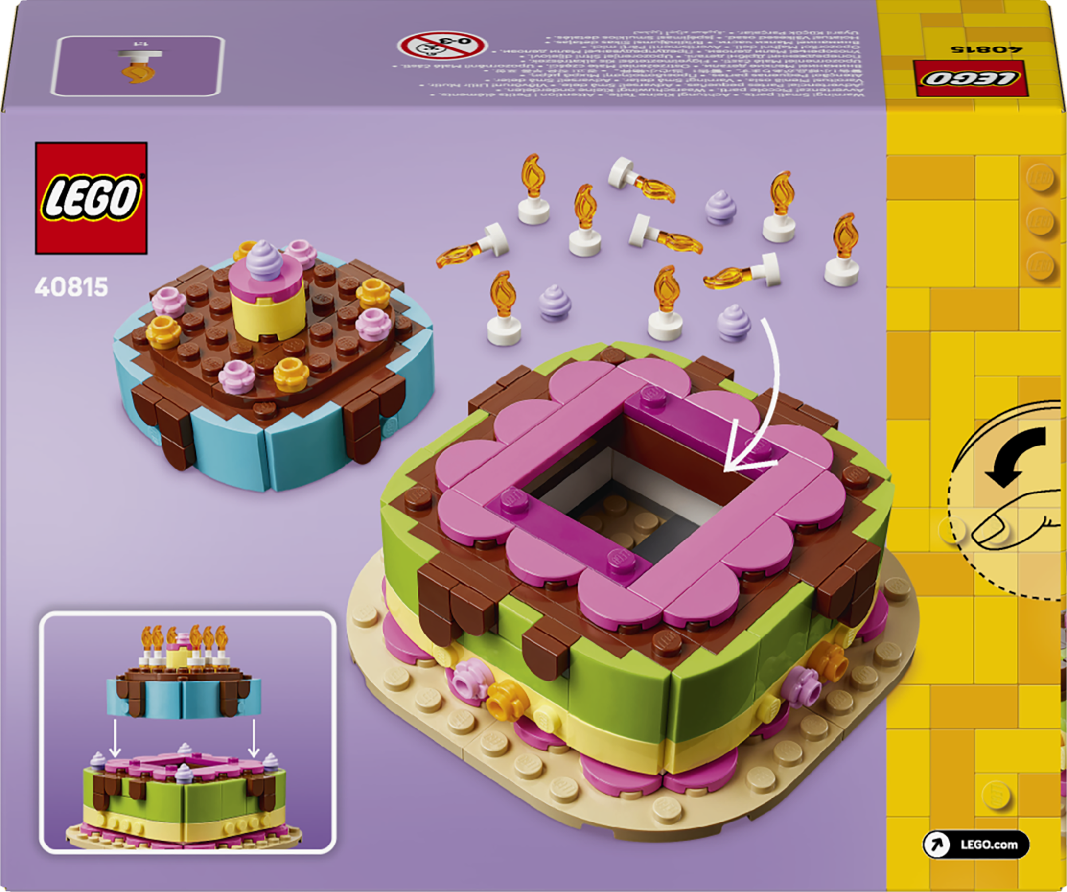 Zwei LEGO-Geburtstagskuchen-Modelle: einer mit Schokoladenglasur, der andere grün-pink.