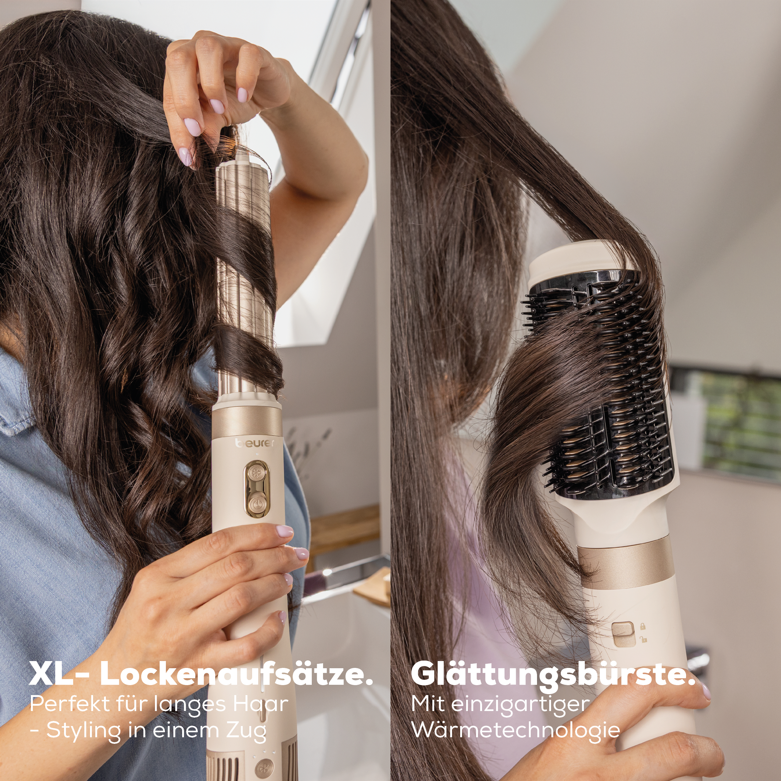 Zwei Ansichten einer Person, die ihr langes braunes Haar mit einem Stylinggerät stylt.