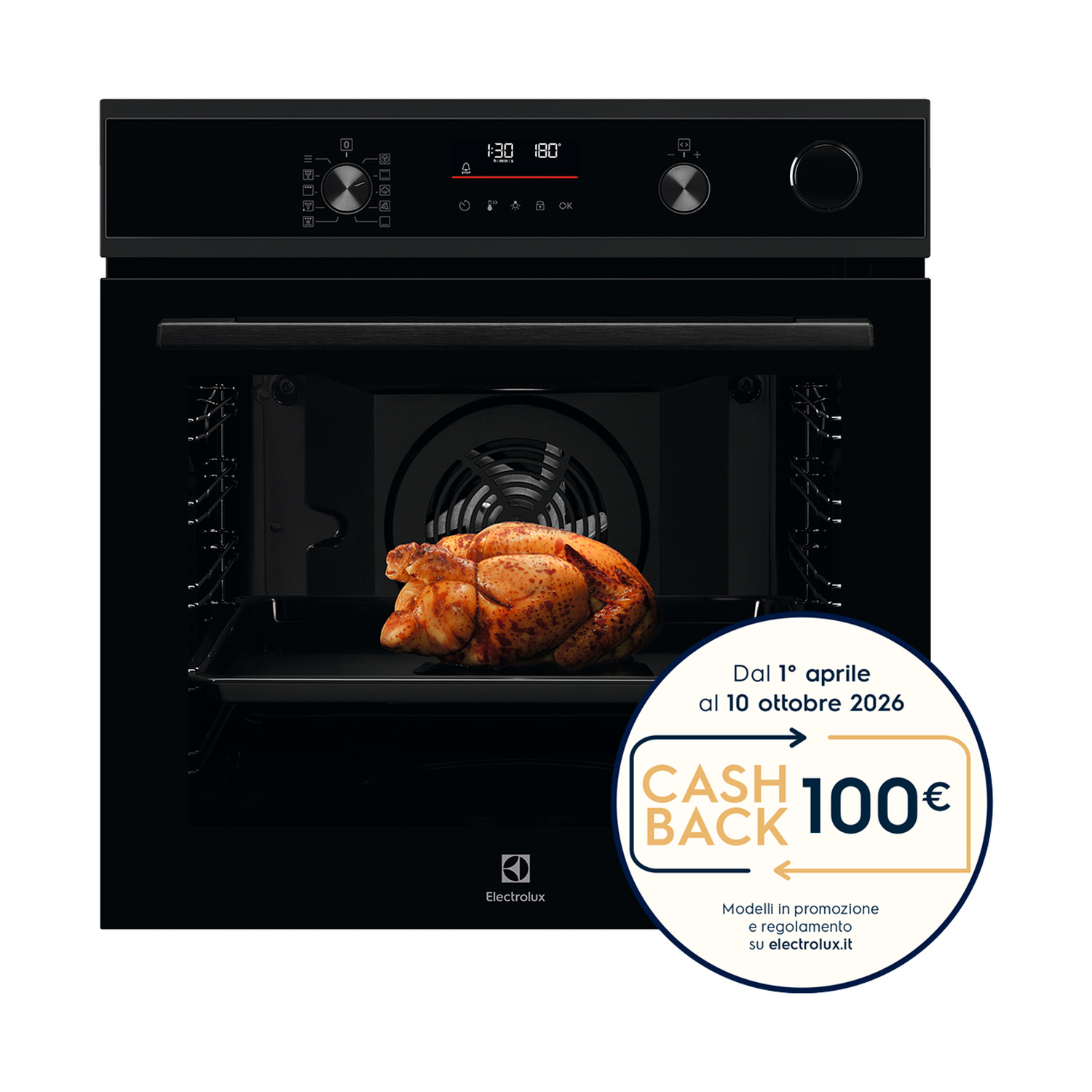 Un pollo arrosto all'interno di un forno nero Electrolux con display digitale e promo.