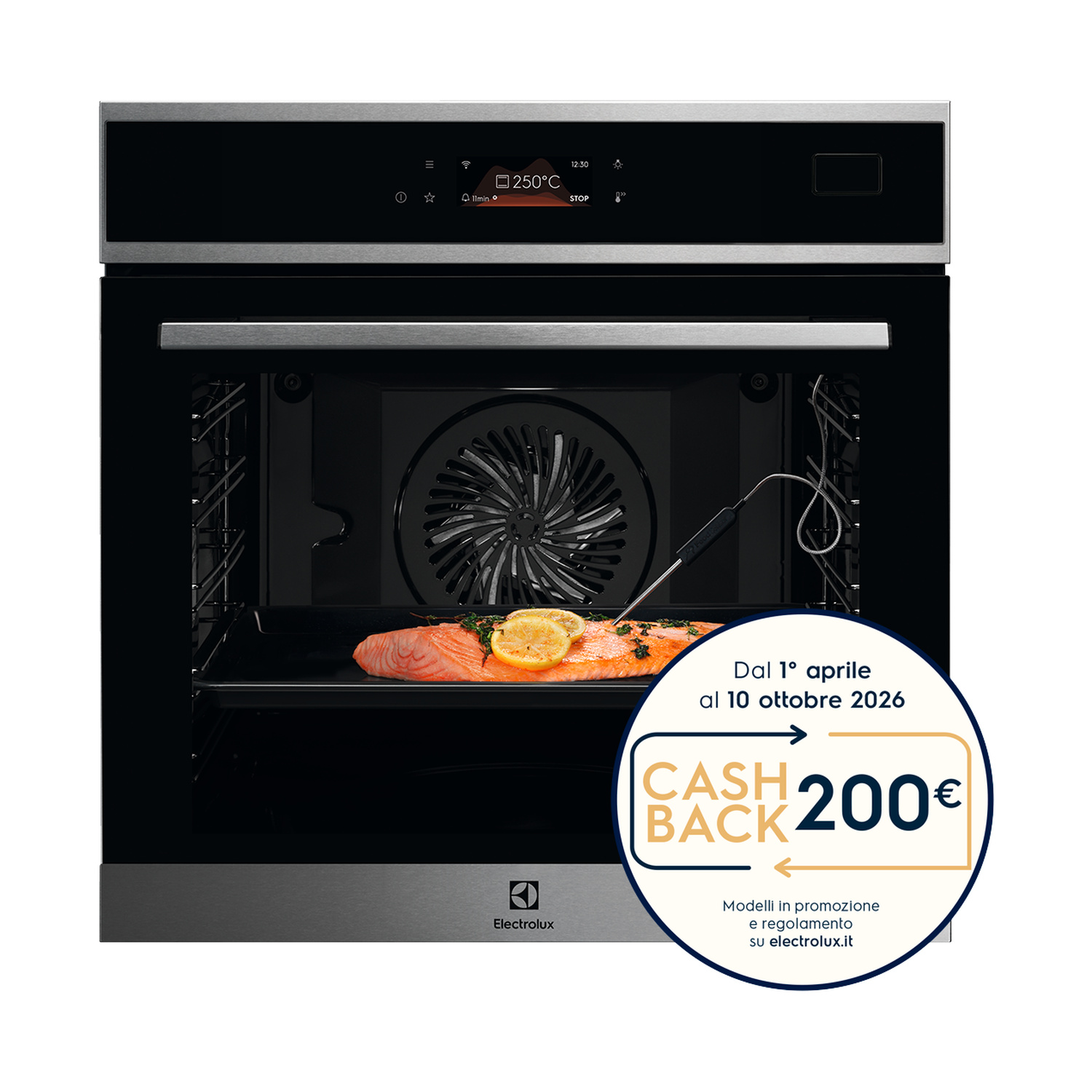 Un forno moderno a 250°C con filetto di salmone, limone ed erbe aromatiche.