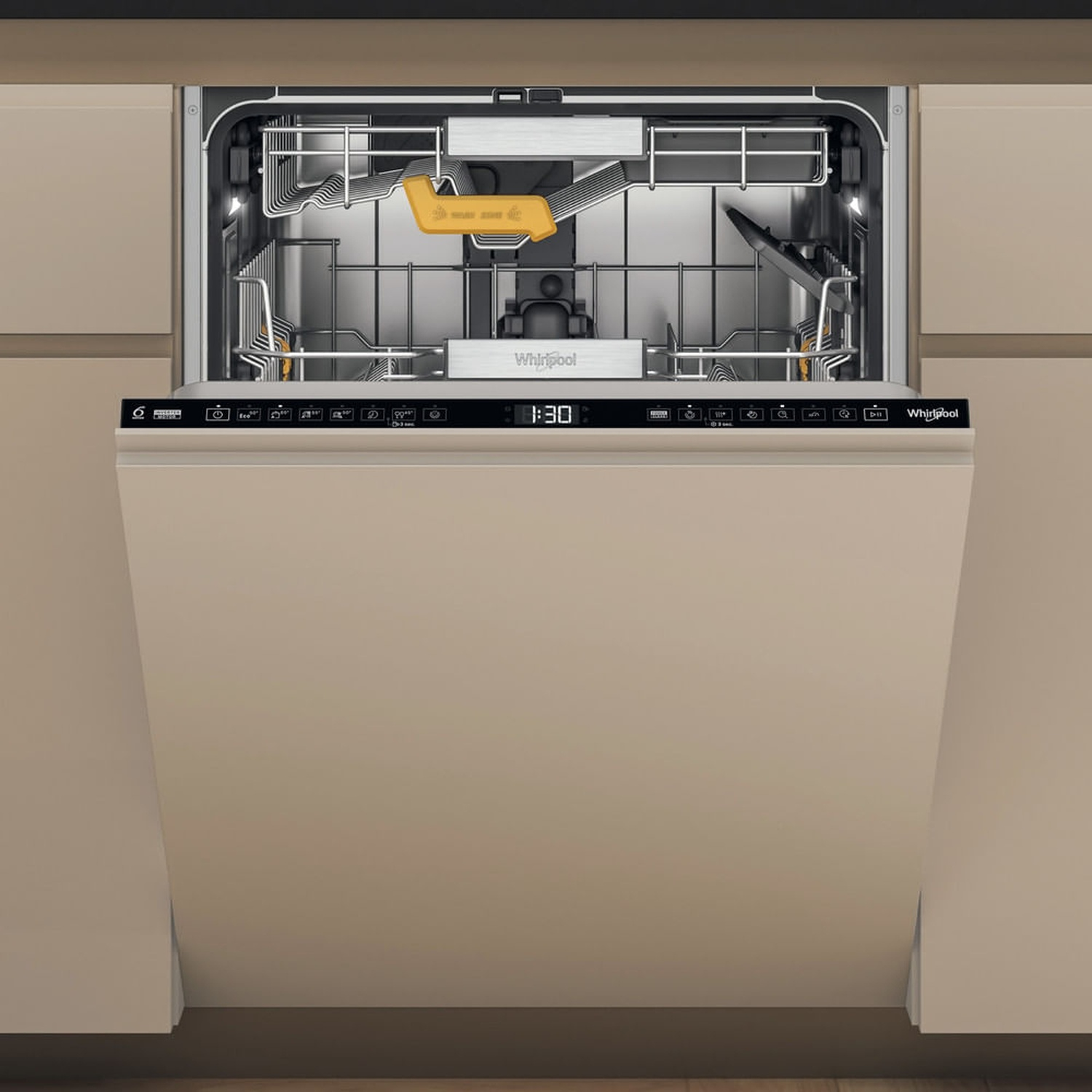 Interno lavastoviglie aperto con cestelli e bracci irroratori. Pannello mostra '1:30'.