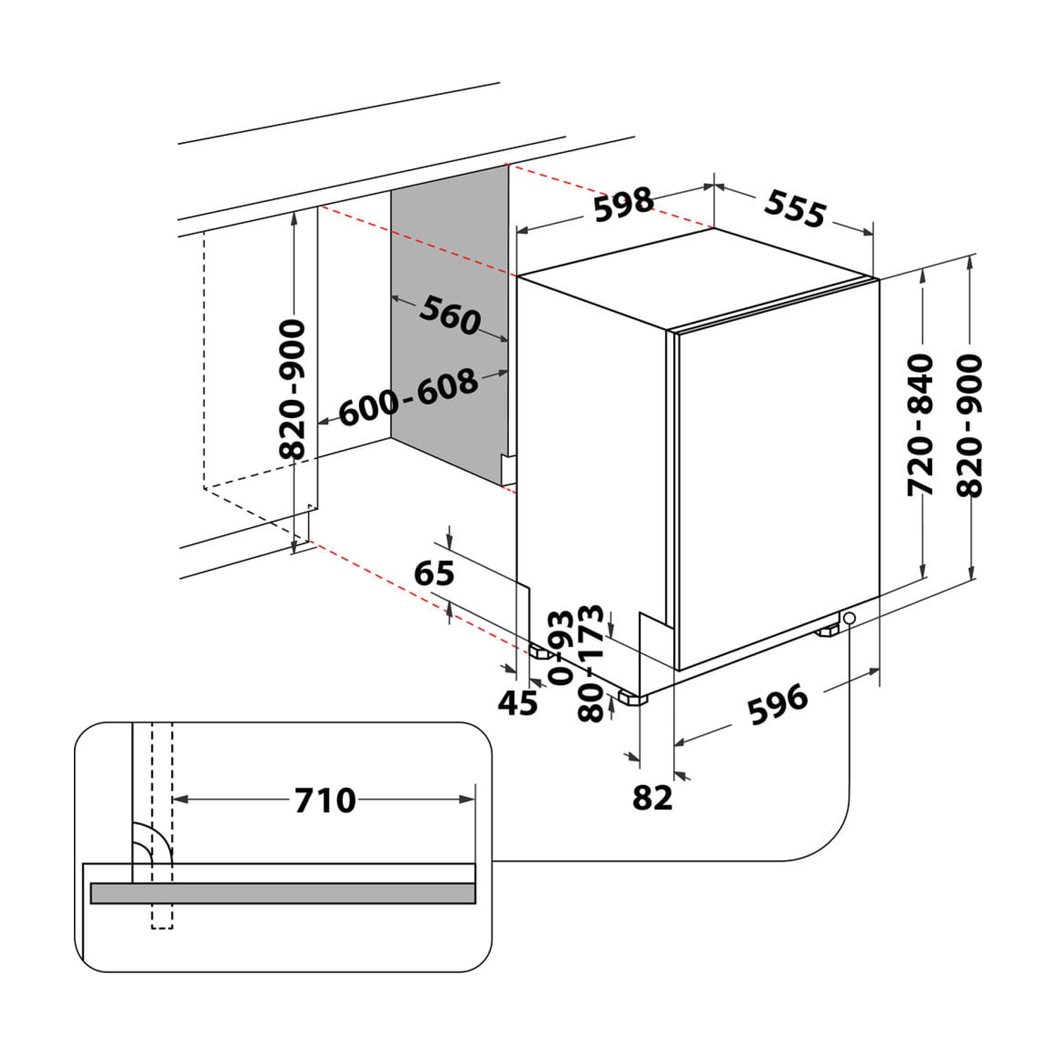 Disegno tecnico di una cucina componibile con dimensioni.
