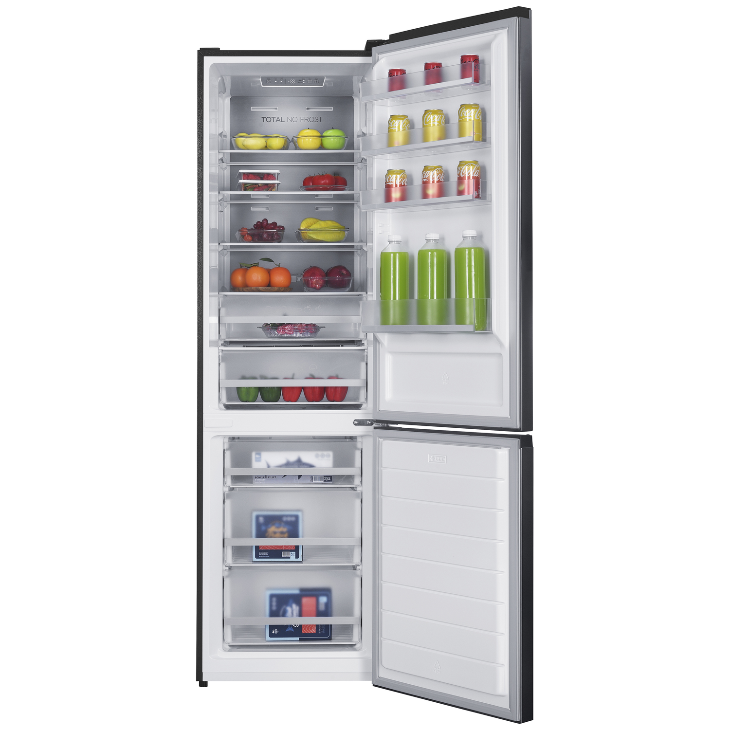 Een open koelkast gevuld met fruit, groenten en dranken.