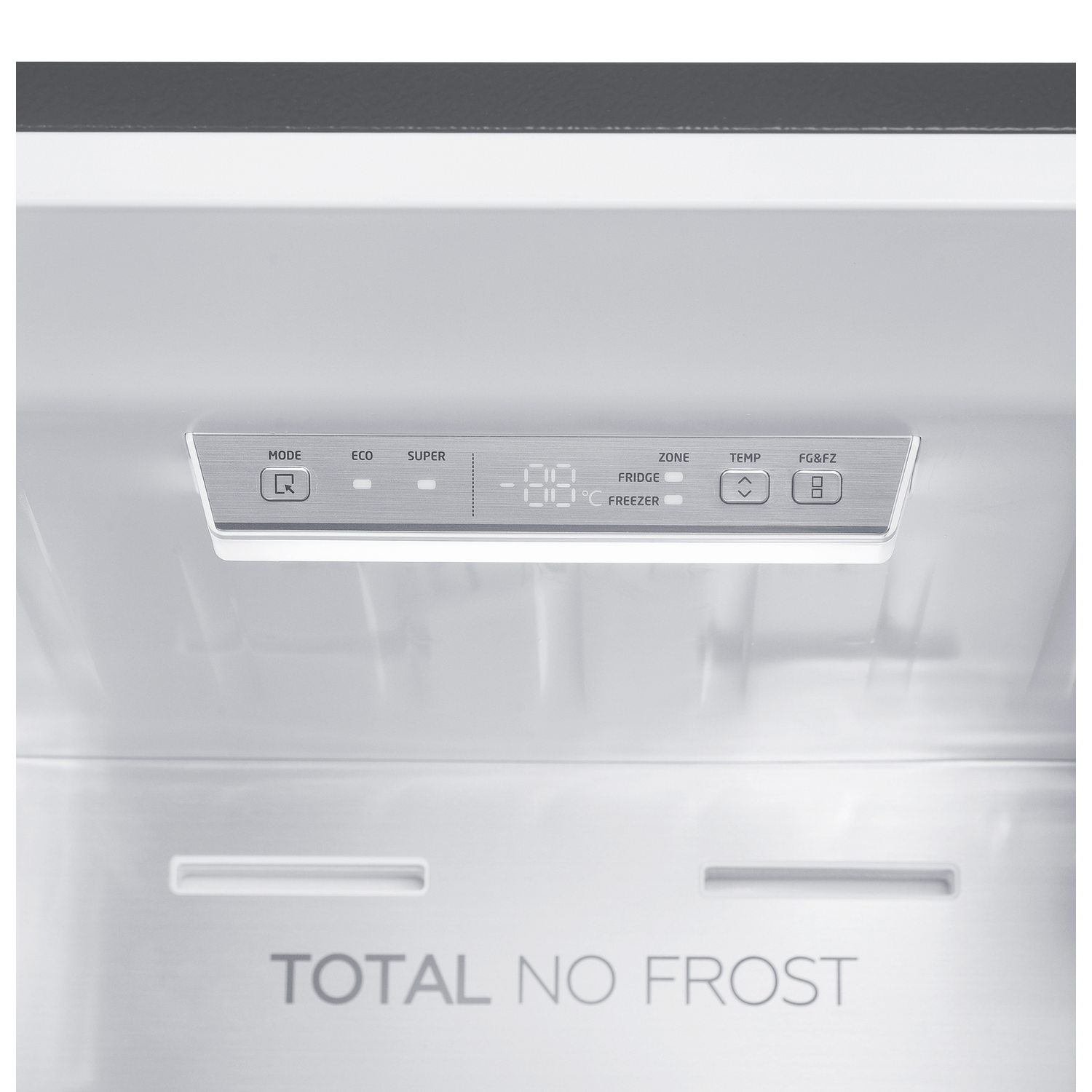 Koelkast bedieningspaneel met modus, temperatuur en "Total No Frost" tekst.
