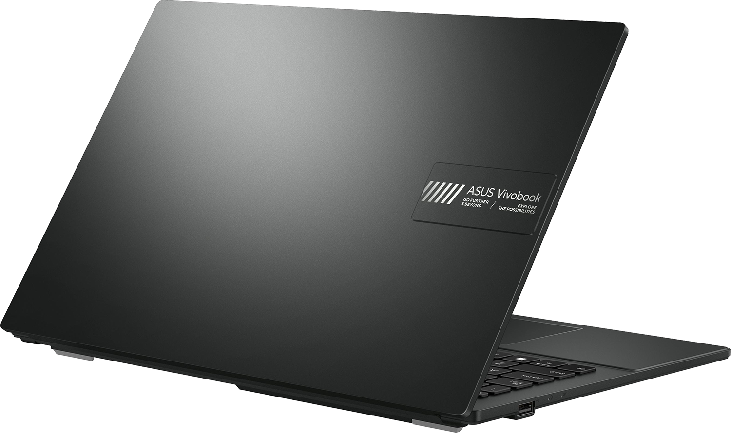 Zárt, fekete Asus Vivobook laptop ezüst logóval és felirattal.