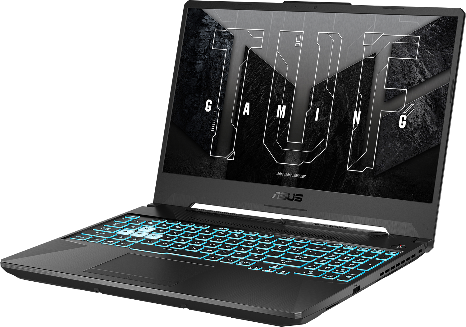 Egy fekete ASUS TUF gamer laptop kék háttérvilágítású billentyűzettel látható.
