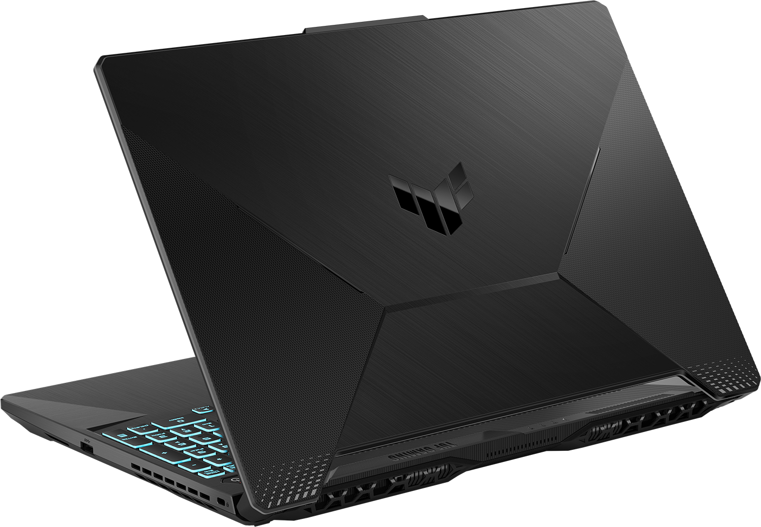 Fekete laptop világító billentyűzettel és logóval a fedélen.