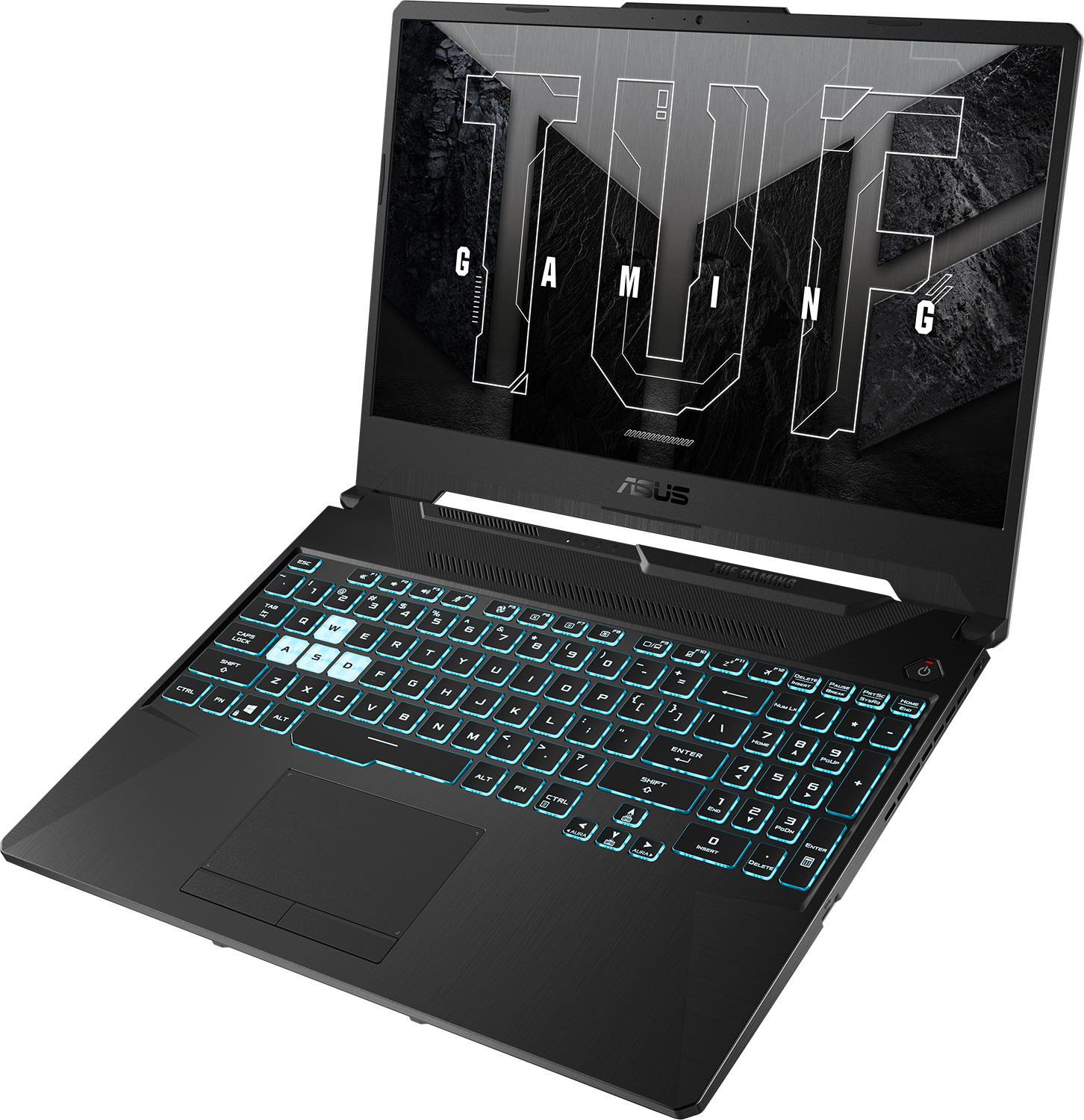 Fekete gamer laptop kék világítású billentyűzettel és TUF Gaming logóval a képernyőn.