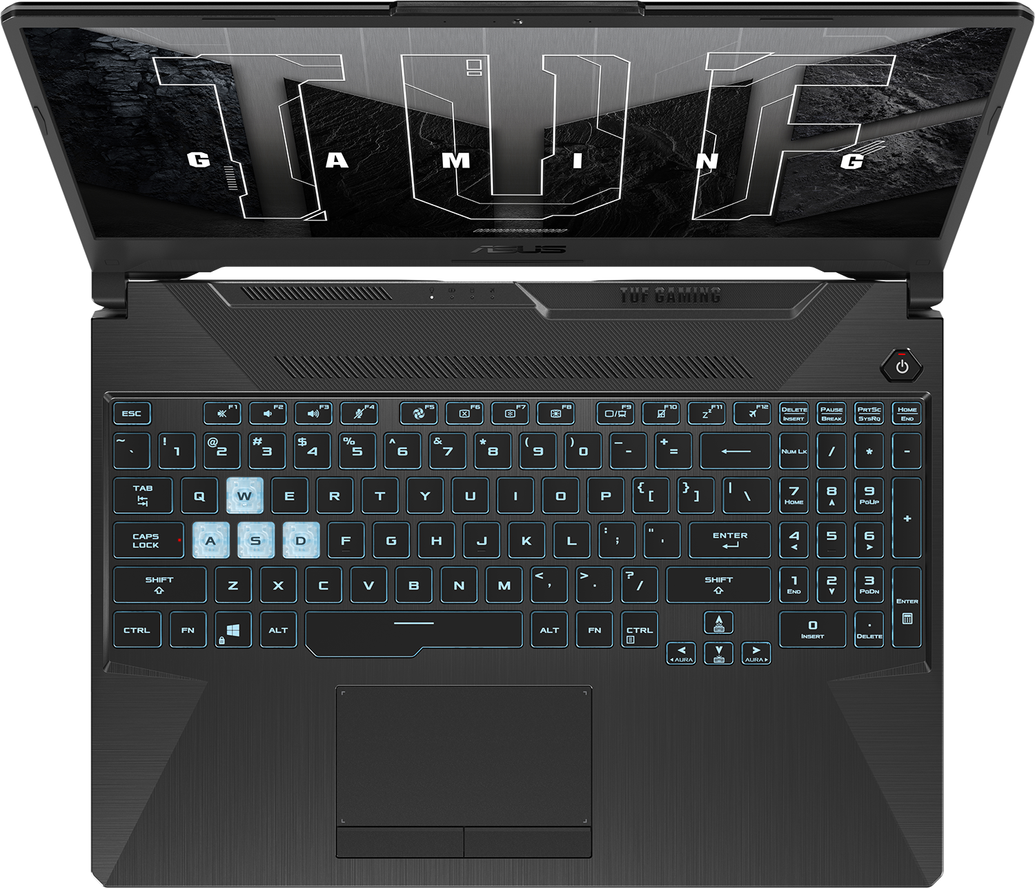 Nyitott laptop háttérvilágítású billentyűzettel és TUF Gaming logóval a képernyőn.