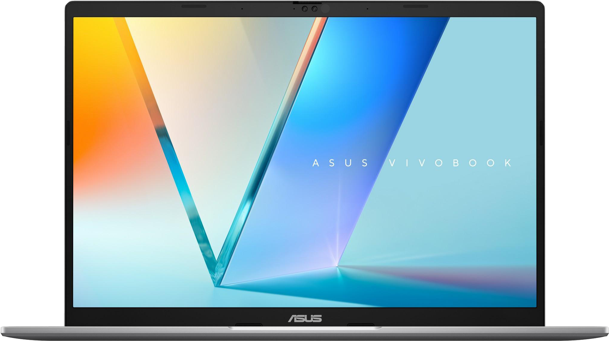 Ezüst ASUS VivoBook laptop színes háttérképpel a képernyőn.