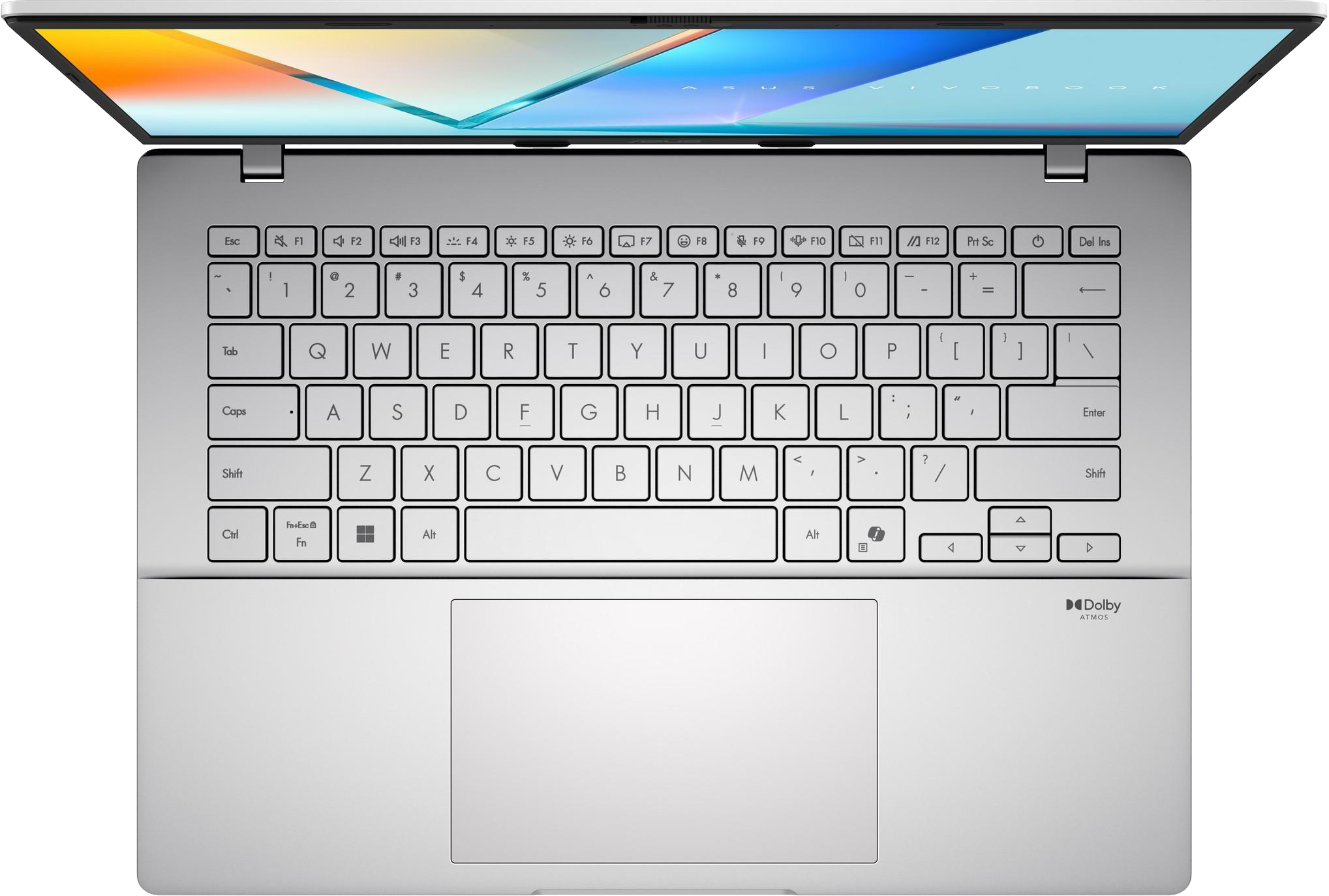 Ezüst laptop nyitva, billentyűzet és képernyő absztrakt háttérképpel. Felülnézet.