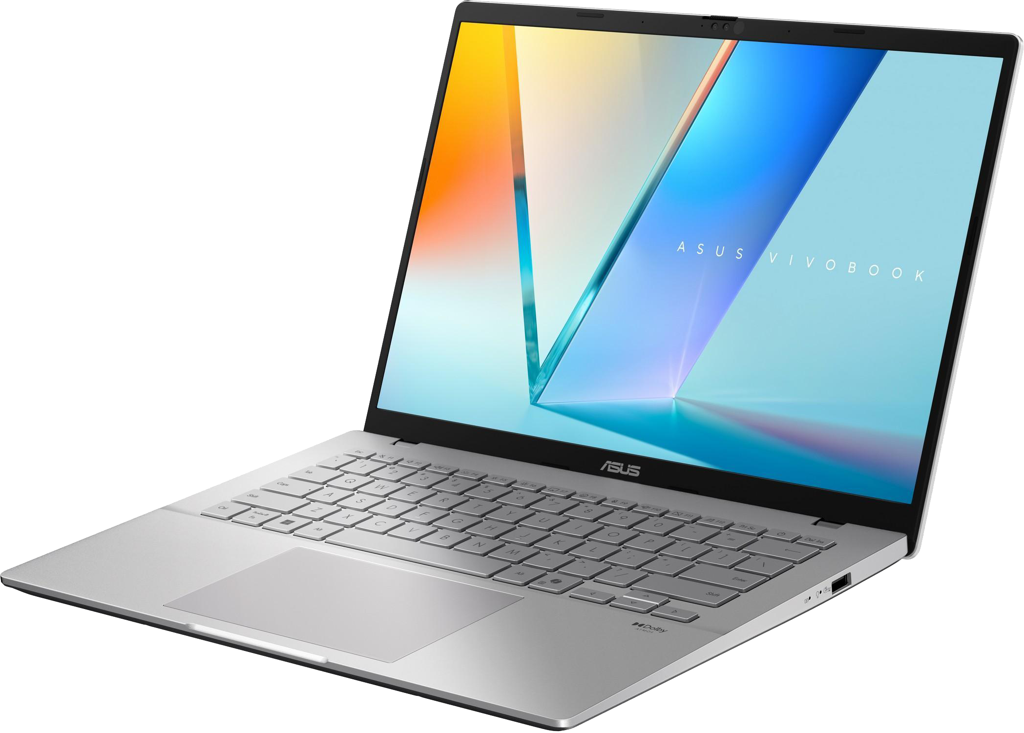 Ezüst Asus Vivobook laptop világító képernyővel és billentyűzettel.