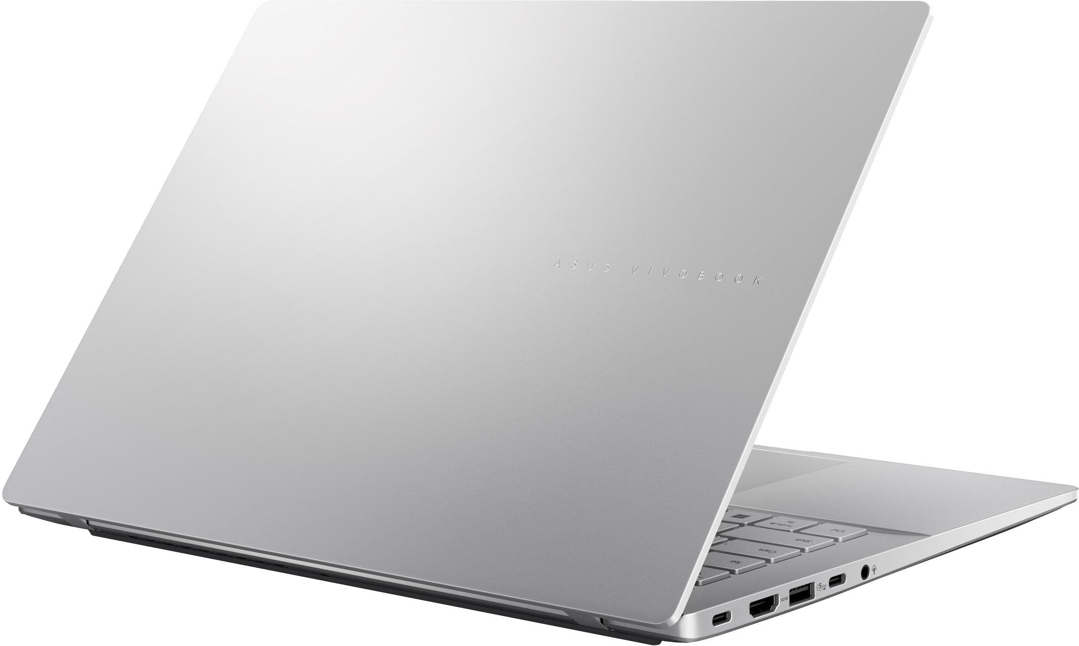 Ezüst Asus Vivobook laptop, félig nyitva, billentyűzettel és portokkal.