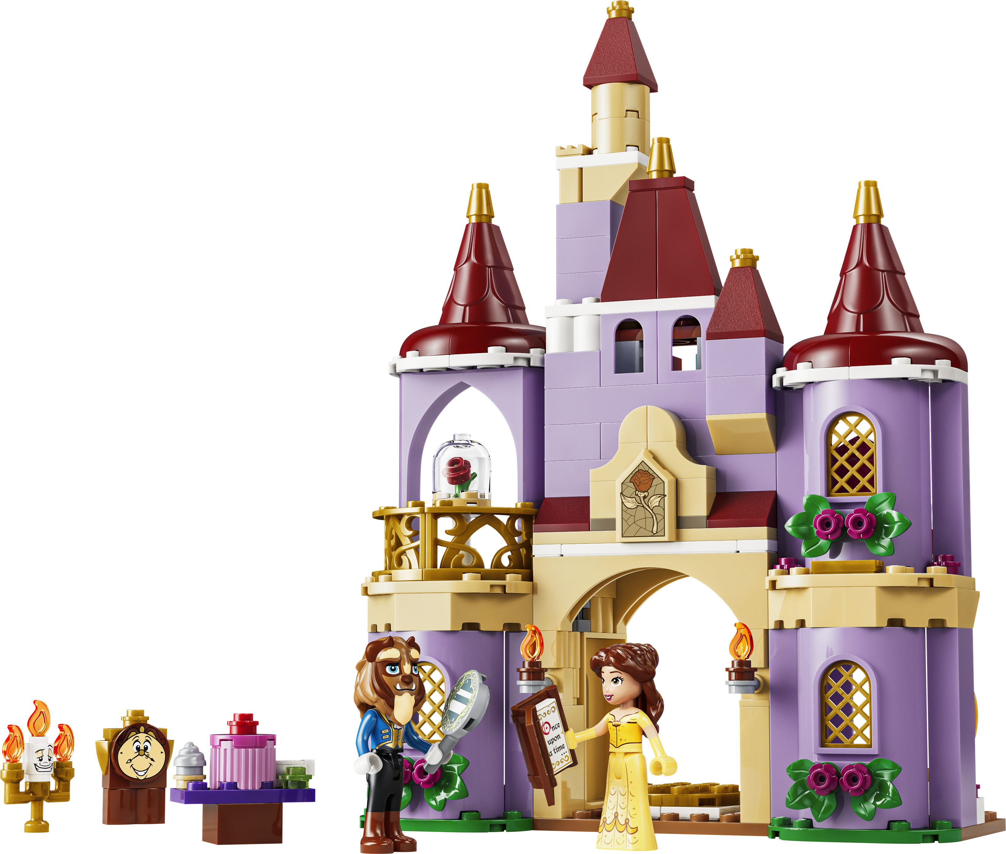 Lego-Schloss mit Figuren: Belle, Biest, Lumiere, Cogsworth, Rose.