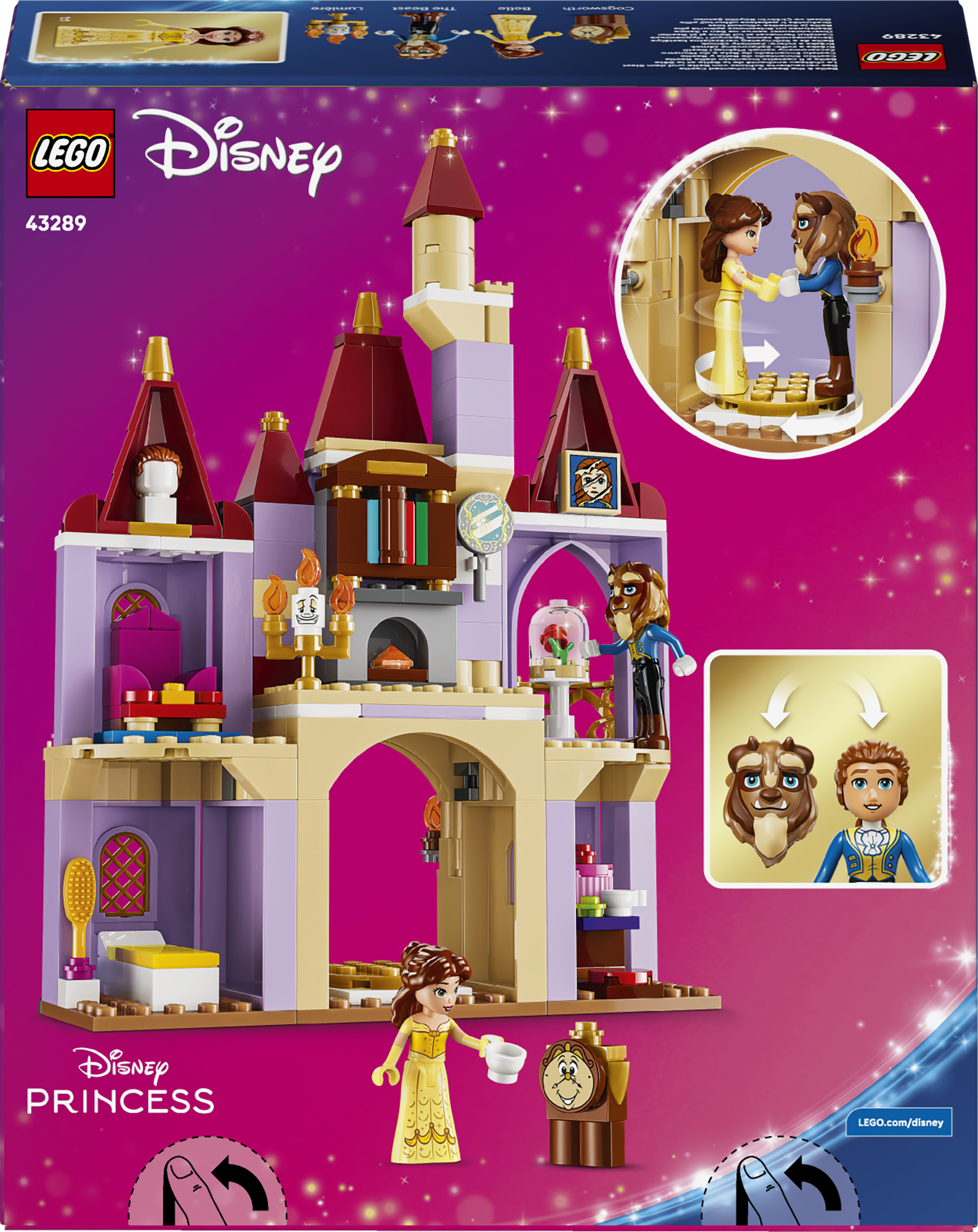 Lego-Schloss mit Belle und dem Biest, das sich in einem Ballsaal dreht.
