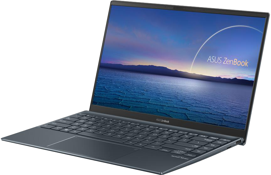 Egy sötétszürke Asus ZenBook laptop nyitva fehér háttéren.