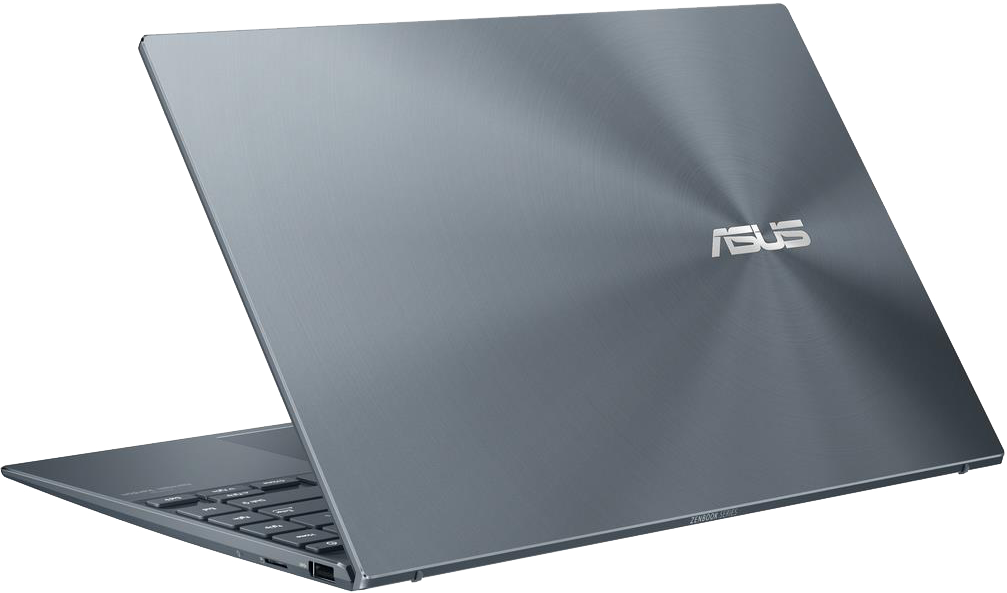 Egy nyitott, szürke Asus Zenbook laptop háttérvilágítású billentyűzettel, fekete háttéren.