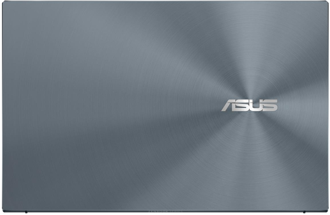 Szálcsiszolt palaszürke laptop fedél koncentrikus kör mintával és ezüst ASUS logóval.
