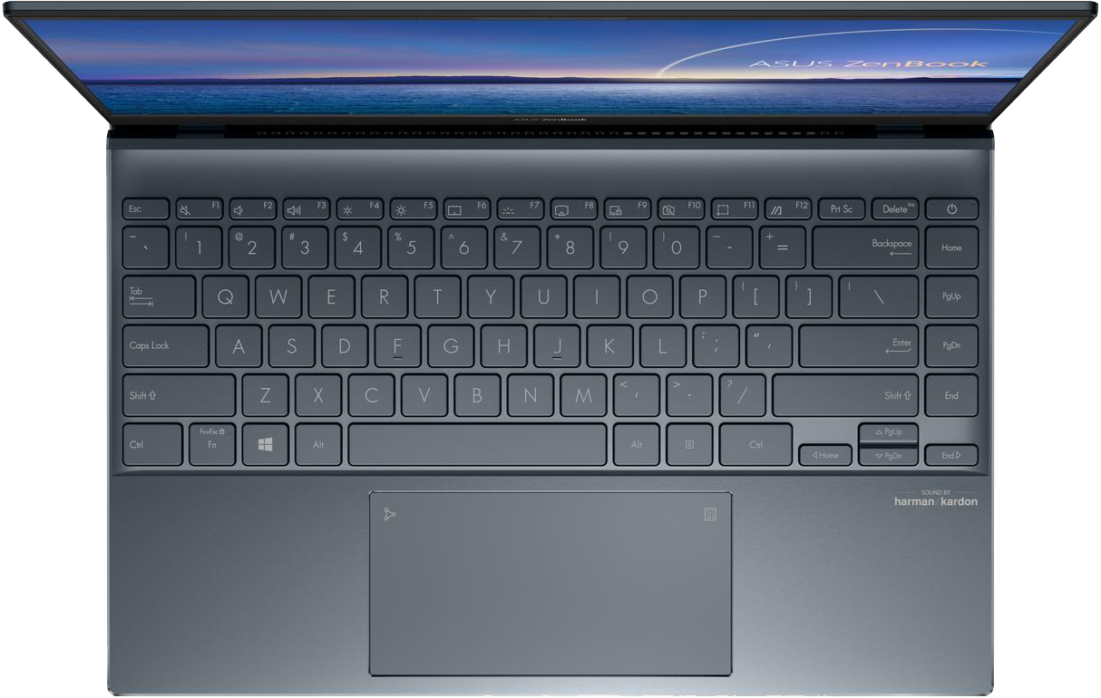 Egy nyitott, szürke ASUS ZenBook laptop világító képernyővel és billentyűzettel.