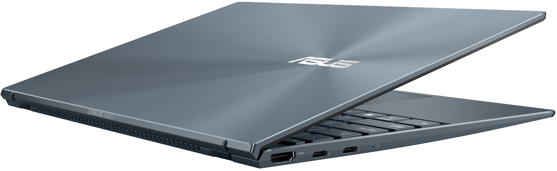 Szürke Asus Zenbook laptop billentyűzettel és portokkal, szögben felnyitva.