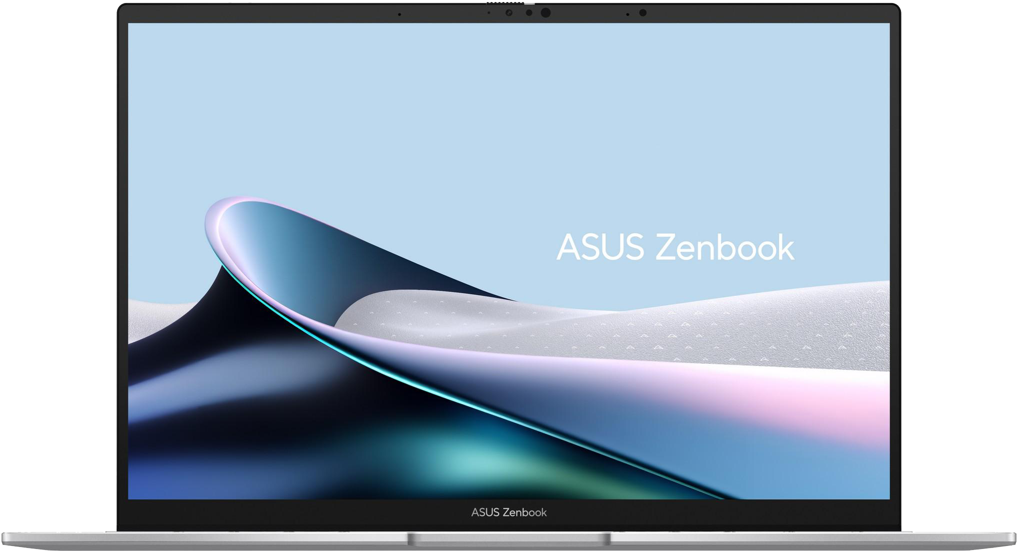 Ezüst Asus Zenbook laptop, képernyőjén absztrakt kék és rózsaszín mintával.