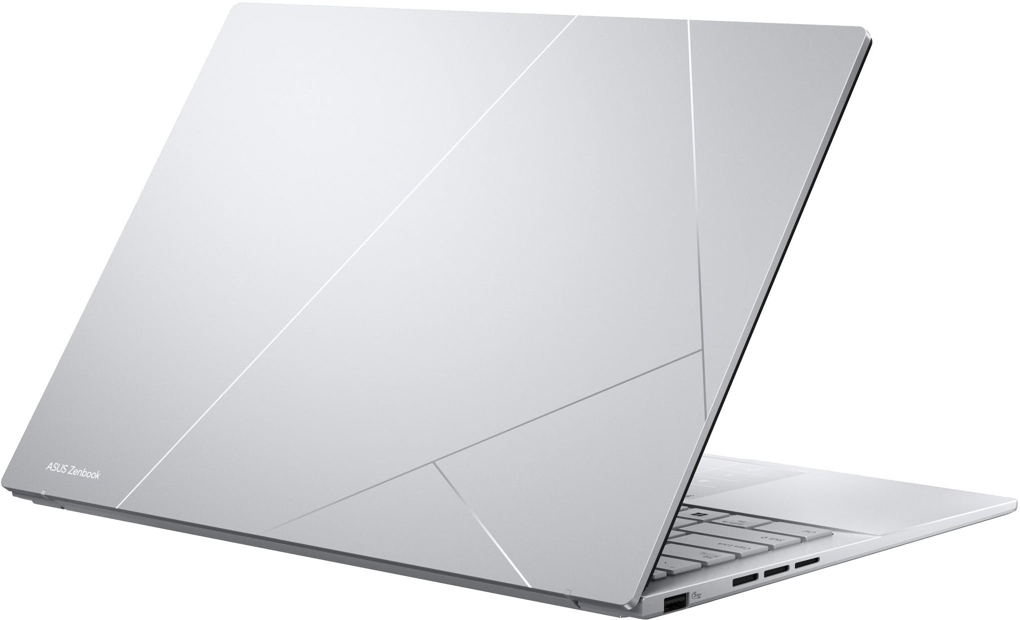 Egy ezüst Asus Zenbook laptop nyitva van, a dizájnra fókuszálva.