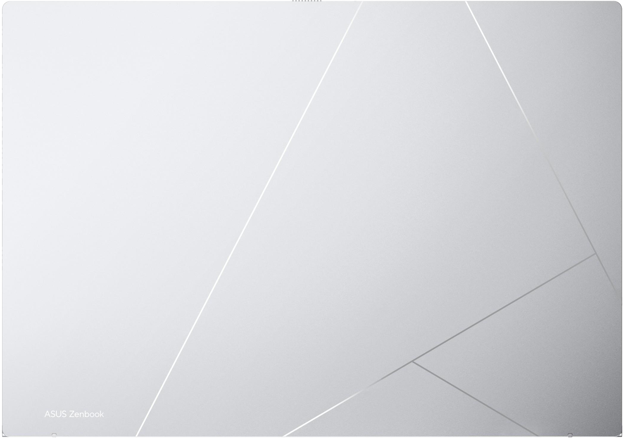 Ezüst ASUS Zenbook logó világosszürke, geometrikus mintás háttéren.