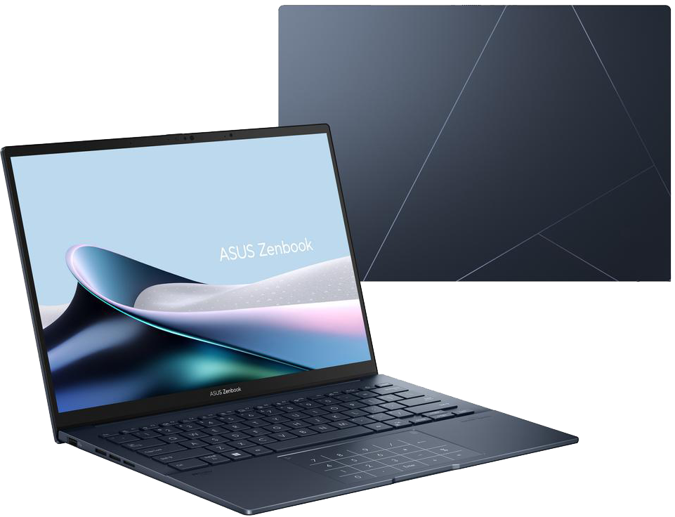 Sötétkék ASUS Zenbook laptop háttérvilágított billentyűzettel és háttérrel.