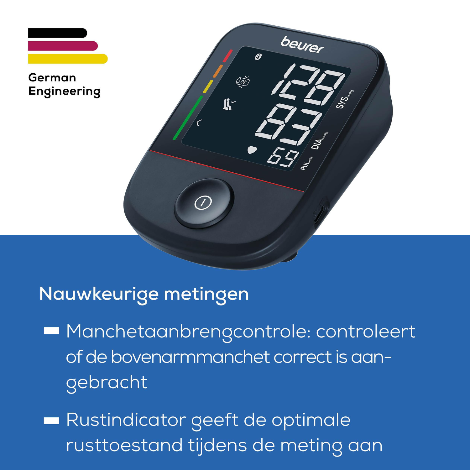 A Beurer blood pressure monitor with digital readings and German Engineering.