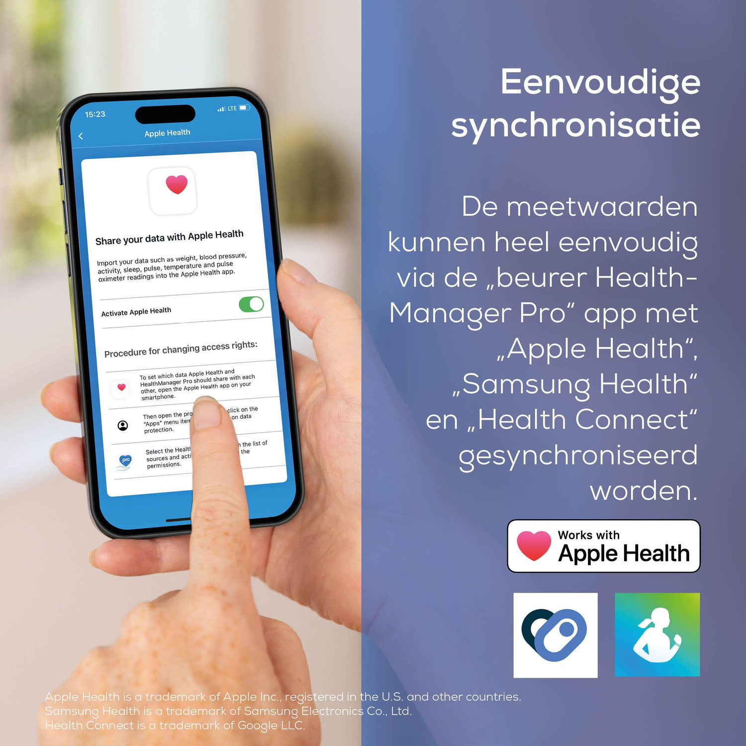 An iPhone displays the Apple Health app for sharing data. Advertising text beside it.