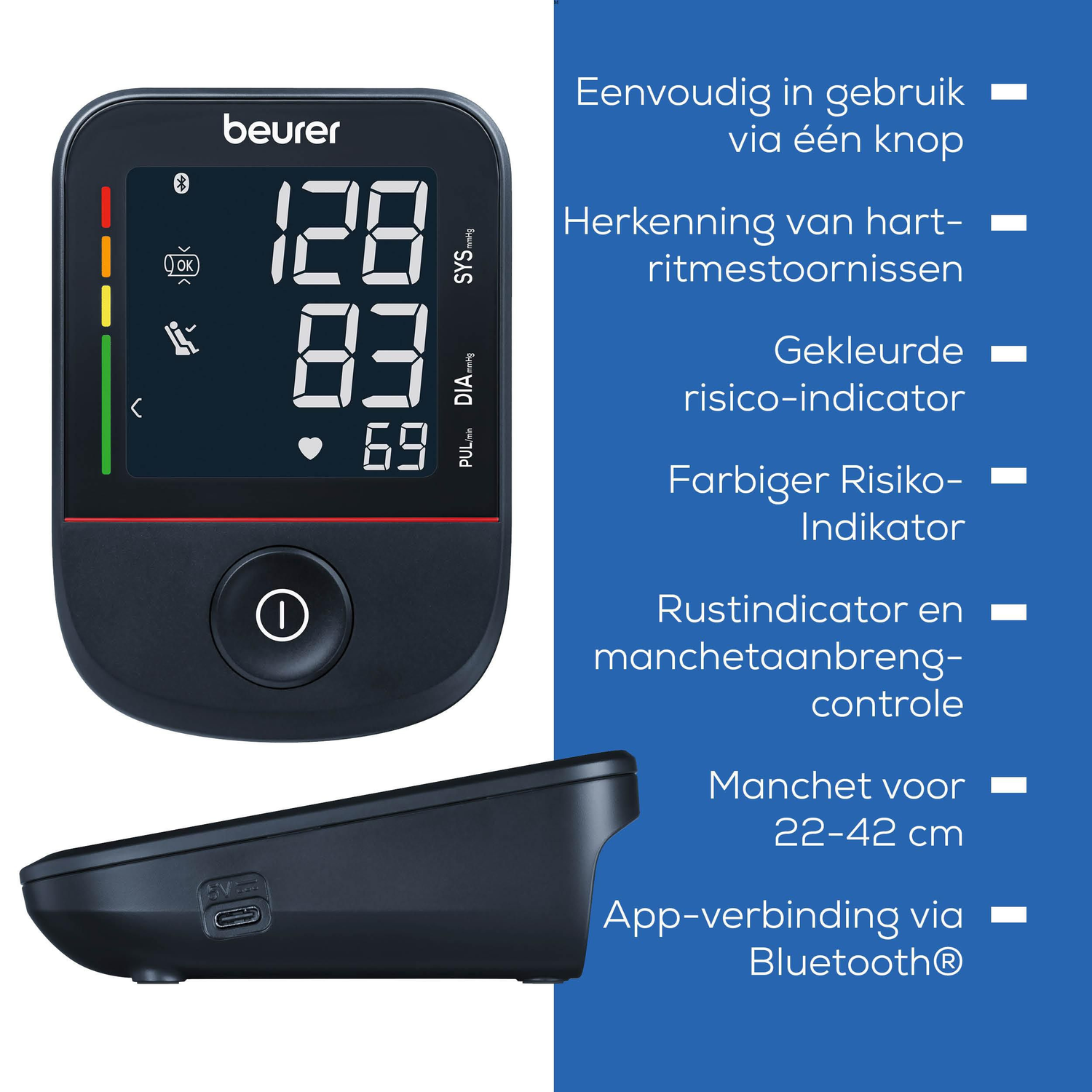 Beurer blood pressure monitor with LCD screen, heart rate, and cuff indicator.