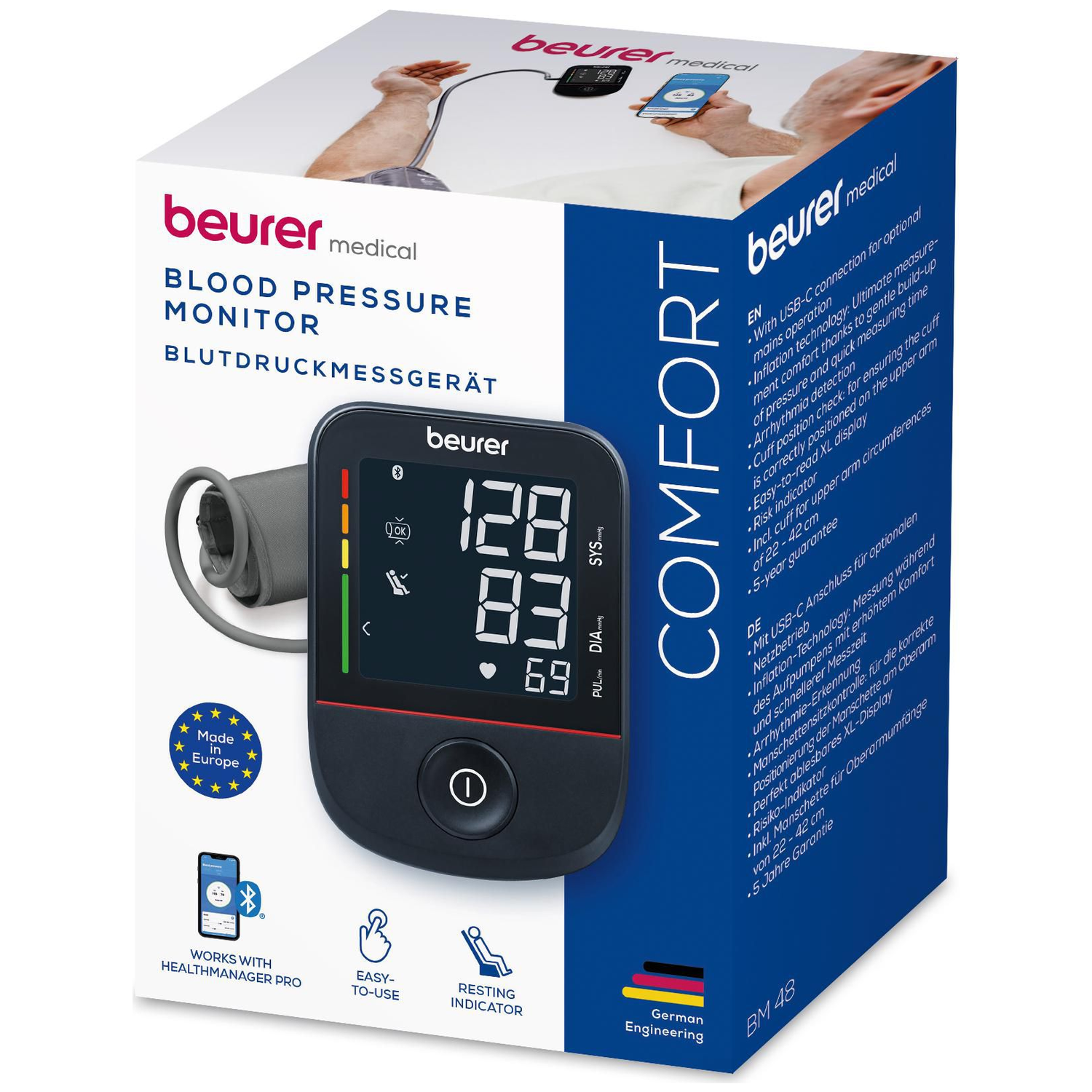 Beurer upper arm blood pressure monitor with large display and cuff.