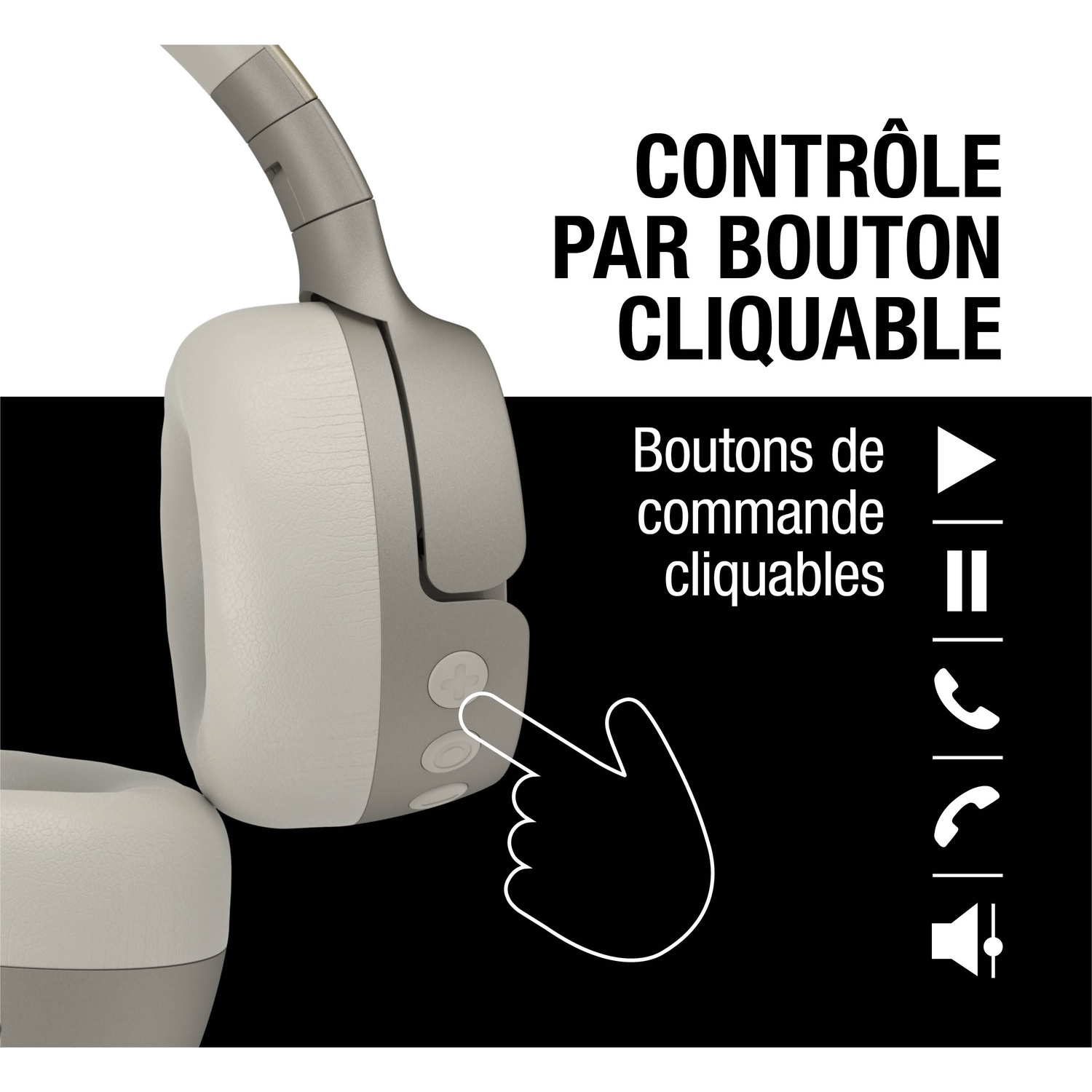 Casque avec commande par bouton. Icônes play, pause, appel, volume.