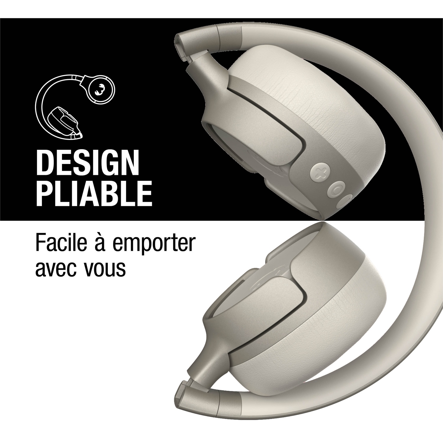 Casque beige pliable avec commandes. Texte 'Design pliable'.