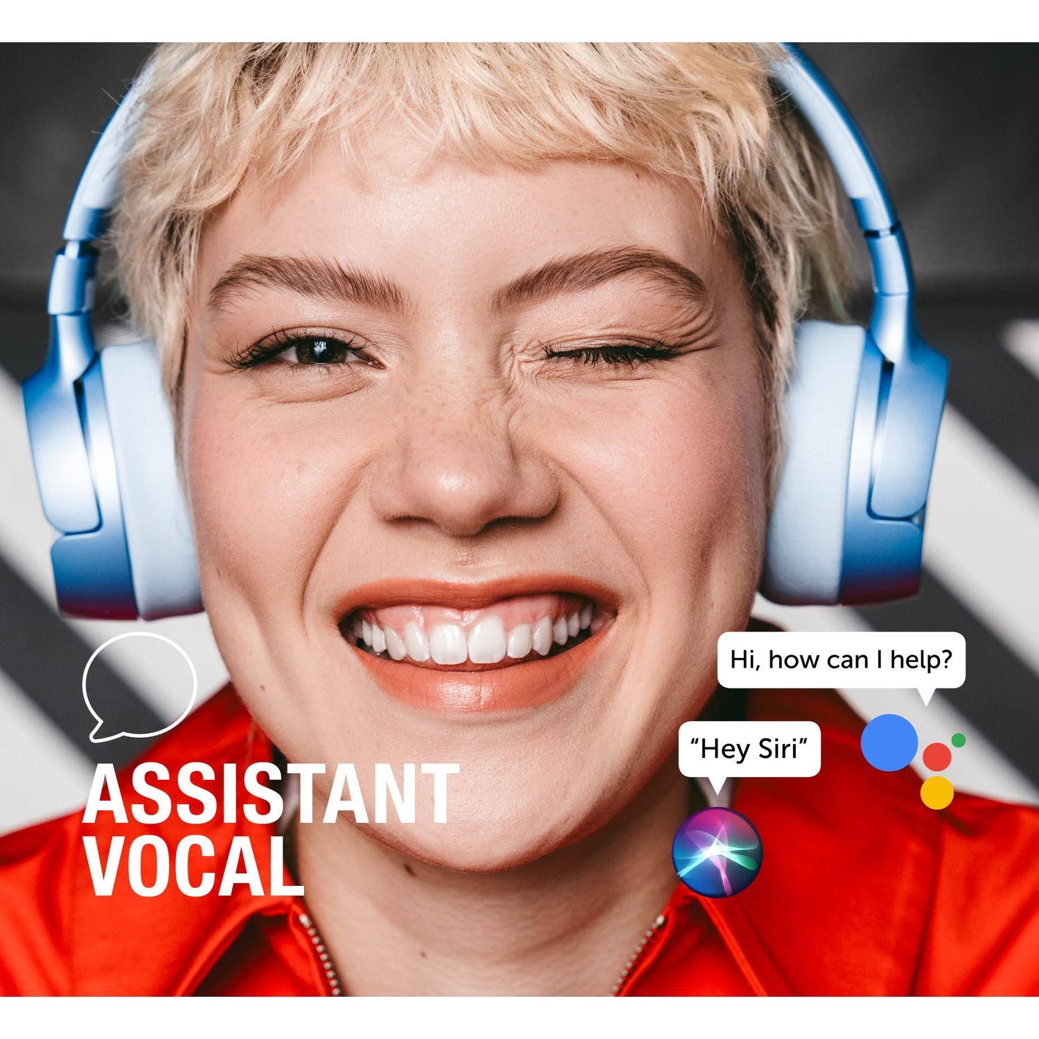 Jeune femme aux cheveux courts et casque souriant. Icônes d'assistant vocal.