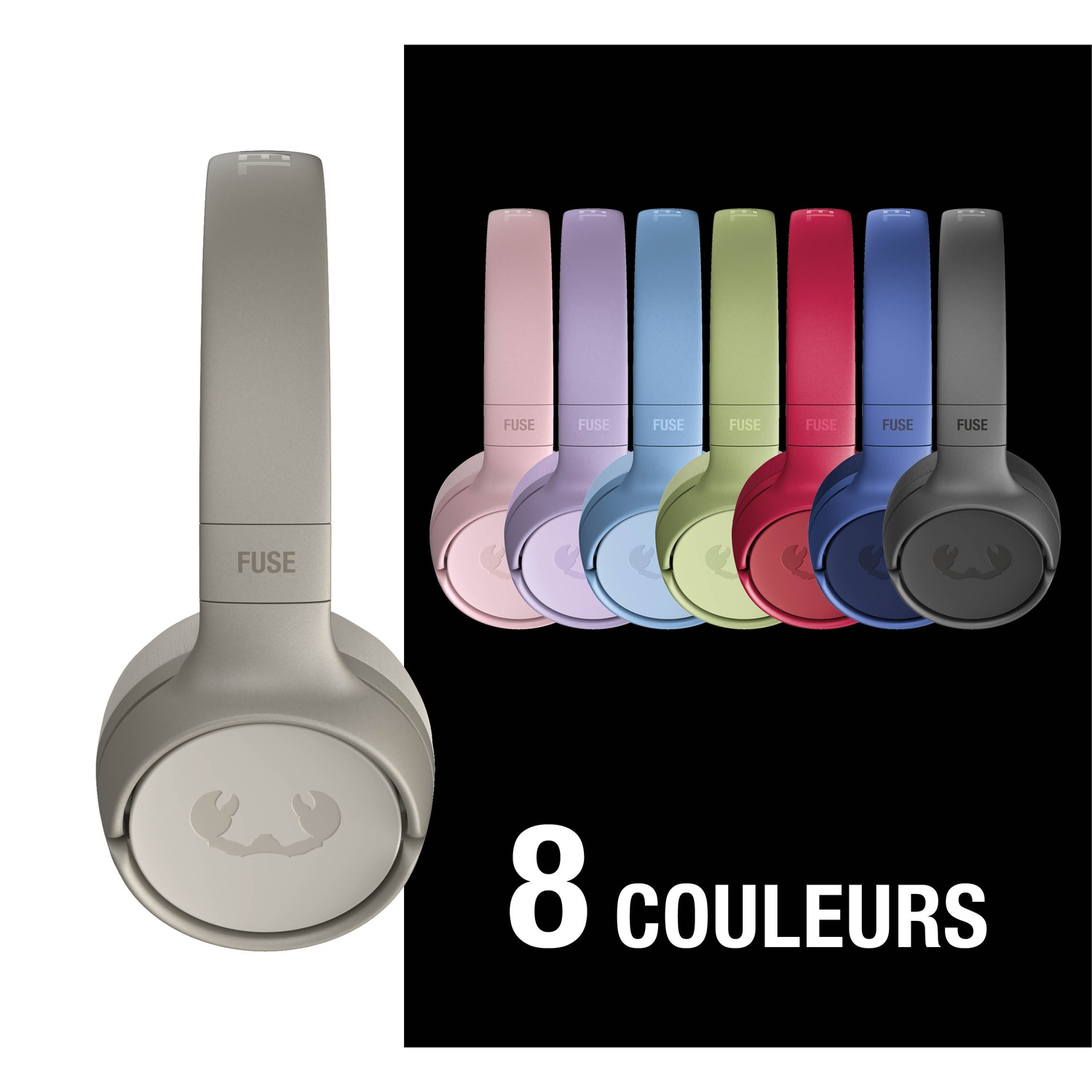 Un casque gris à gauche et sept casques colorés à droite. 8 couleurs.