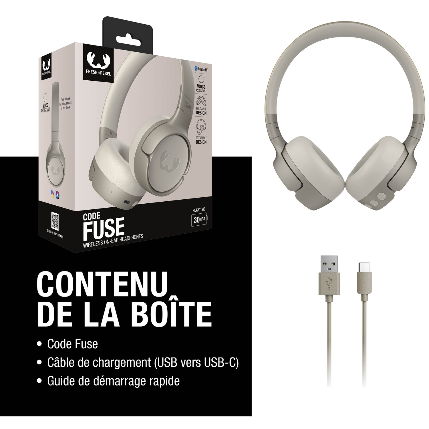 Casque Fresh Rebel gris, câbles de chargement et emballage.