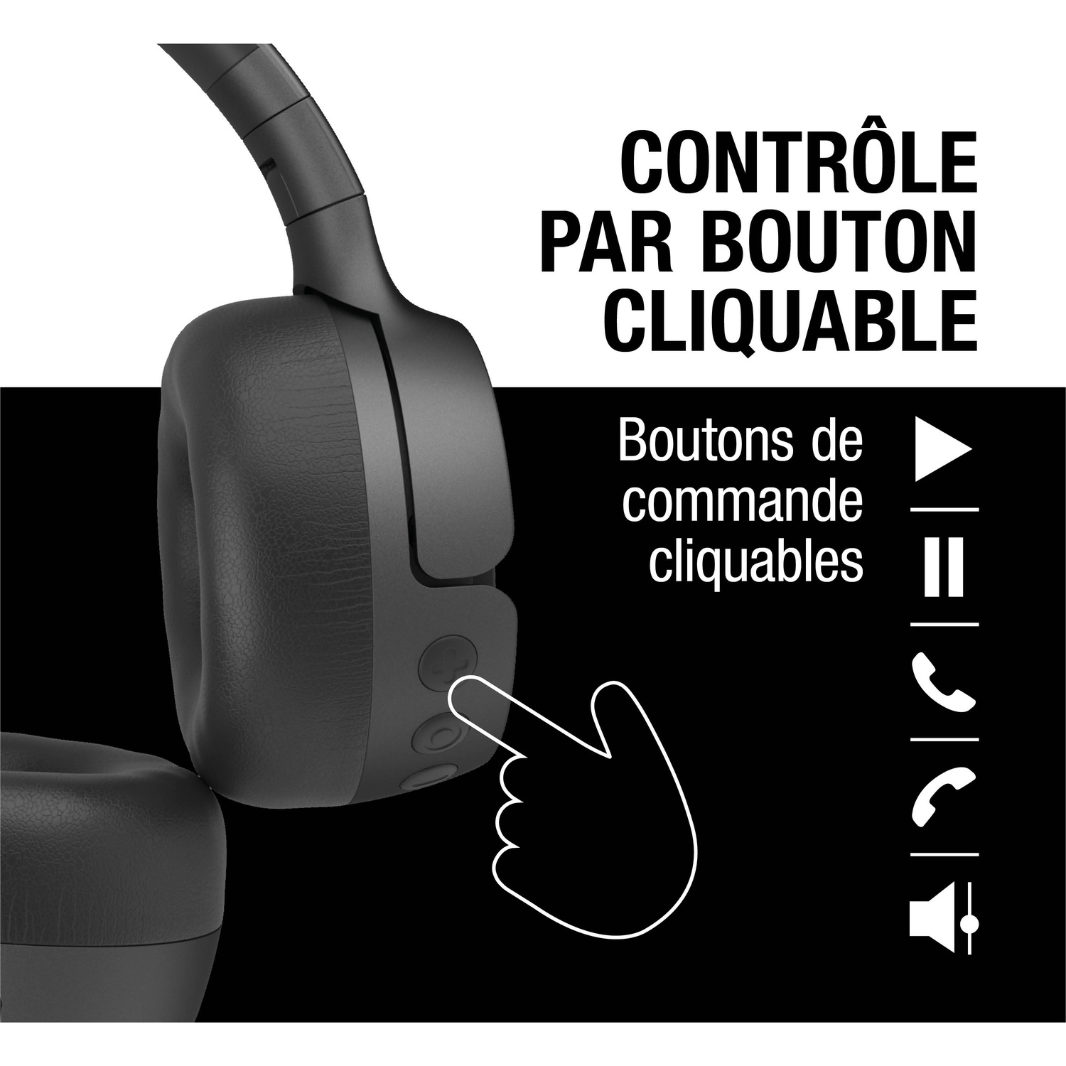 Casque noir avec boutons cliquables et icônes de contrôle.