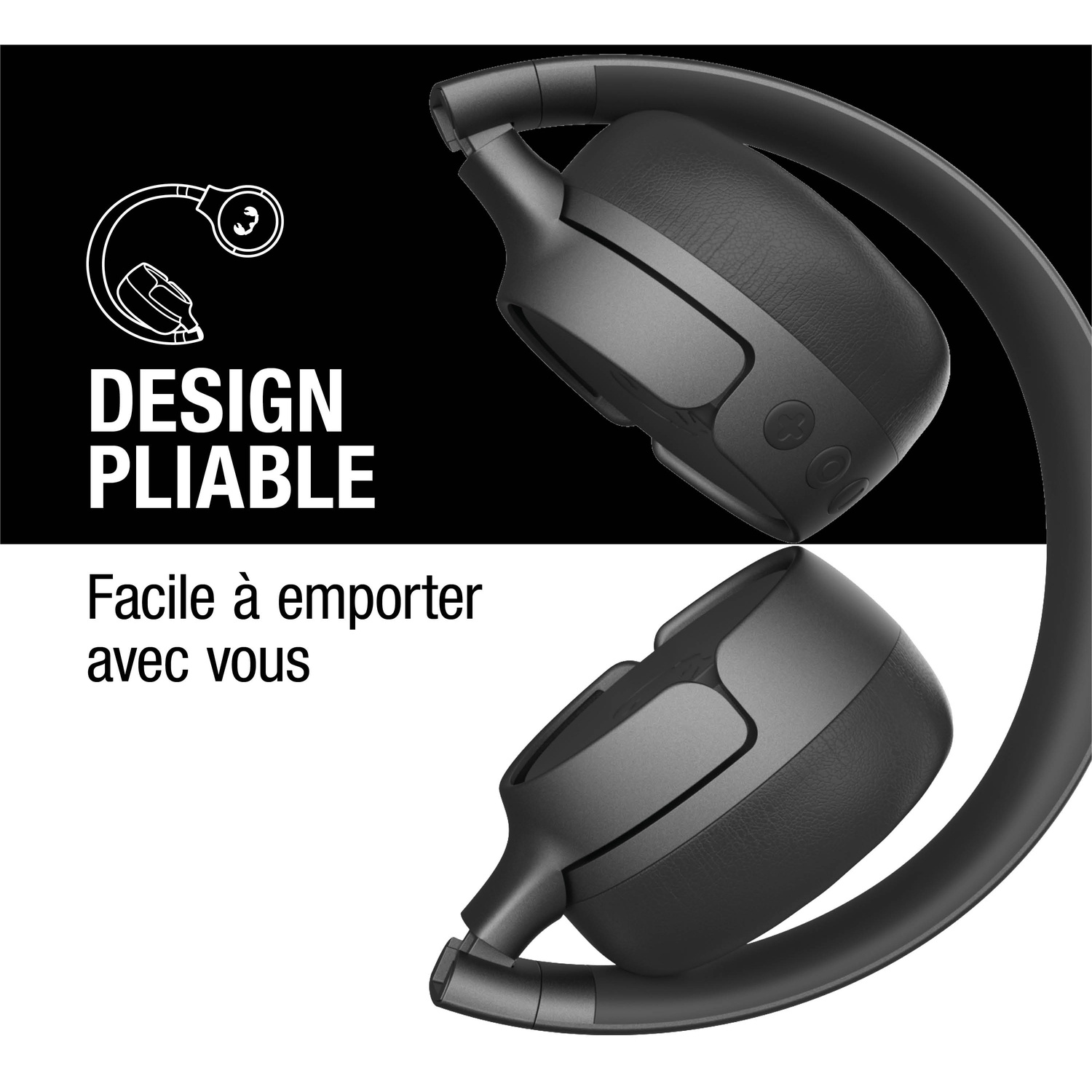 Casque noir avec un design pliable, affiché de manière proéminente.