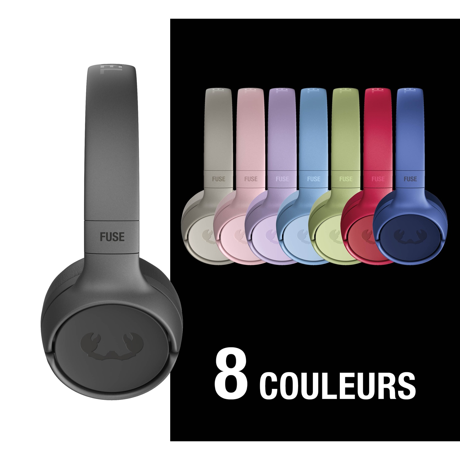 Un seul casque gris à gauche, avec huit casques colorés à côté.