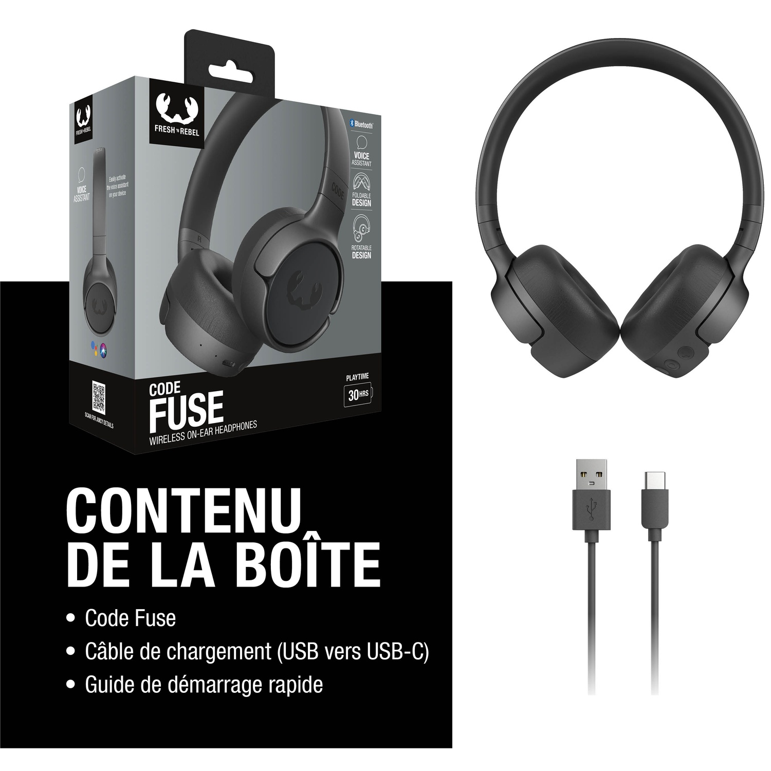 Casque noir sur emballage et séparé, avec câbles de chargement.