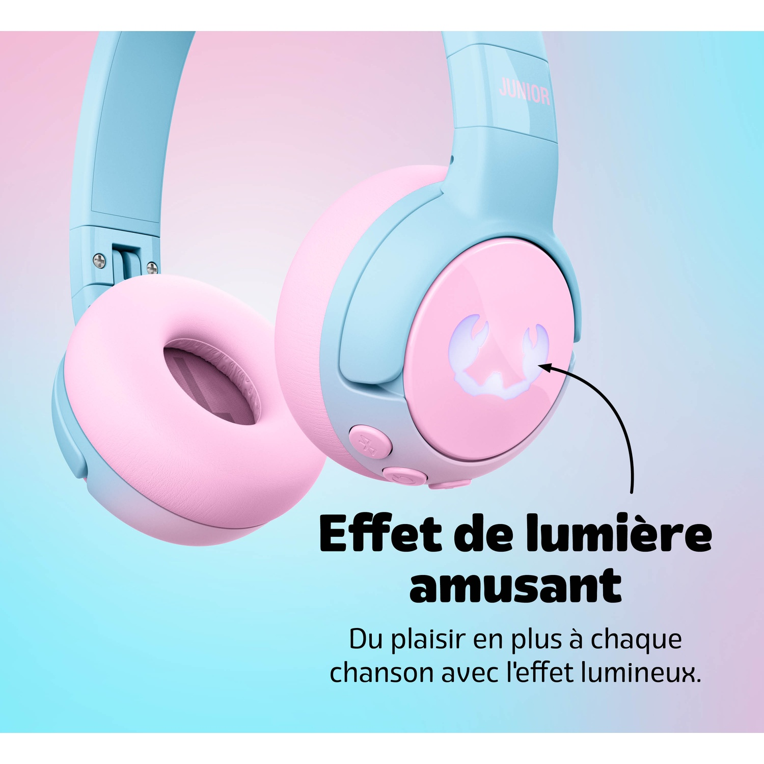 Casque bleu et rose avec un crabe lumineux et du texte.