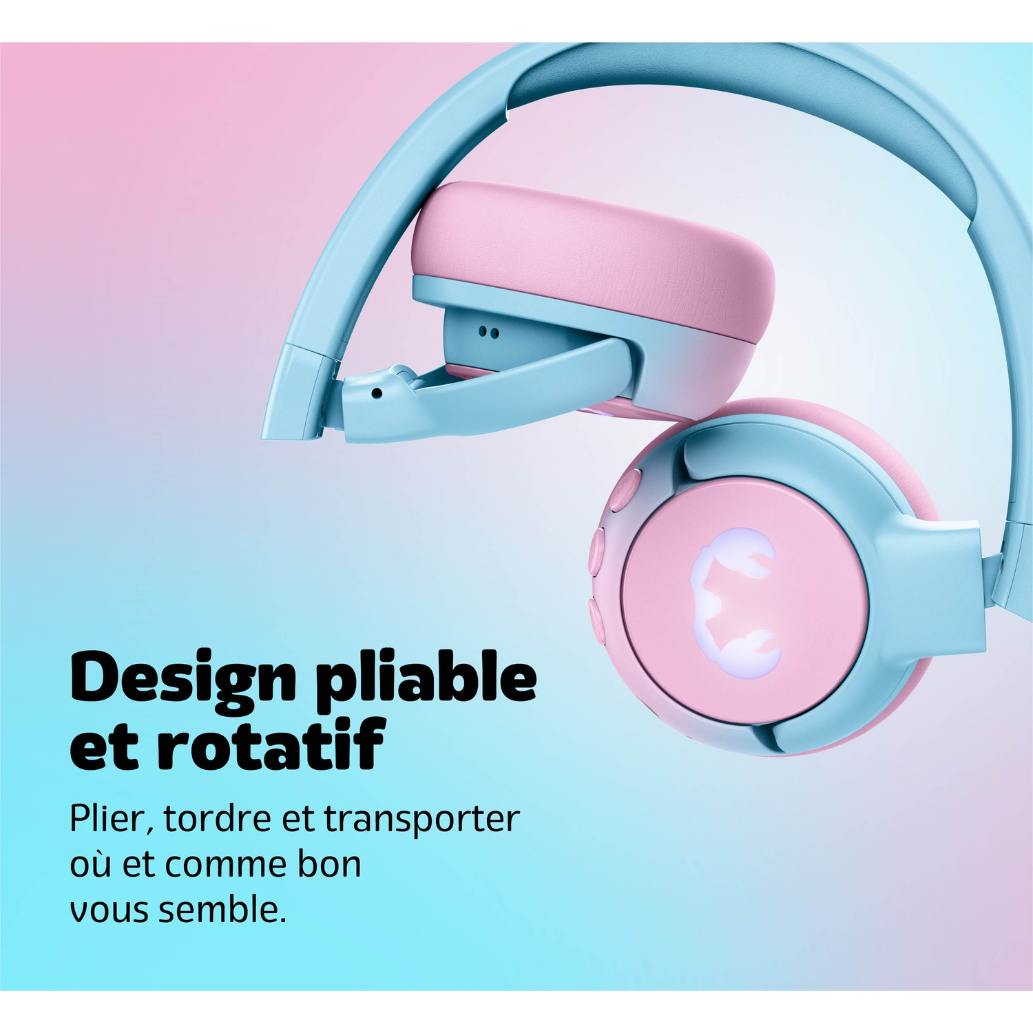Casque bleu clair et rose avec un design pliable et rotatif.