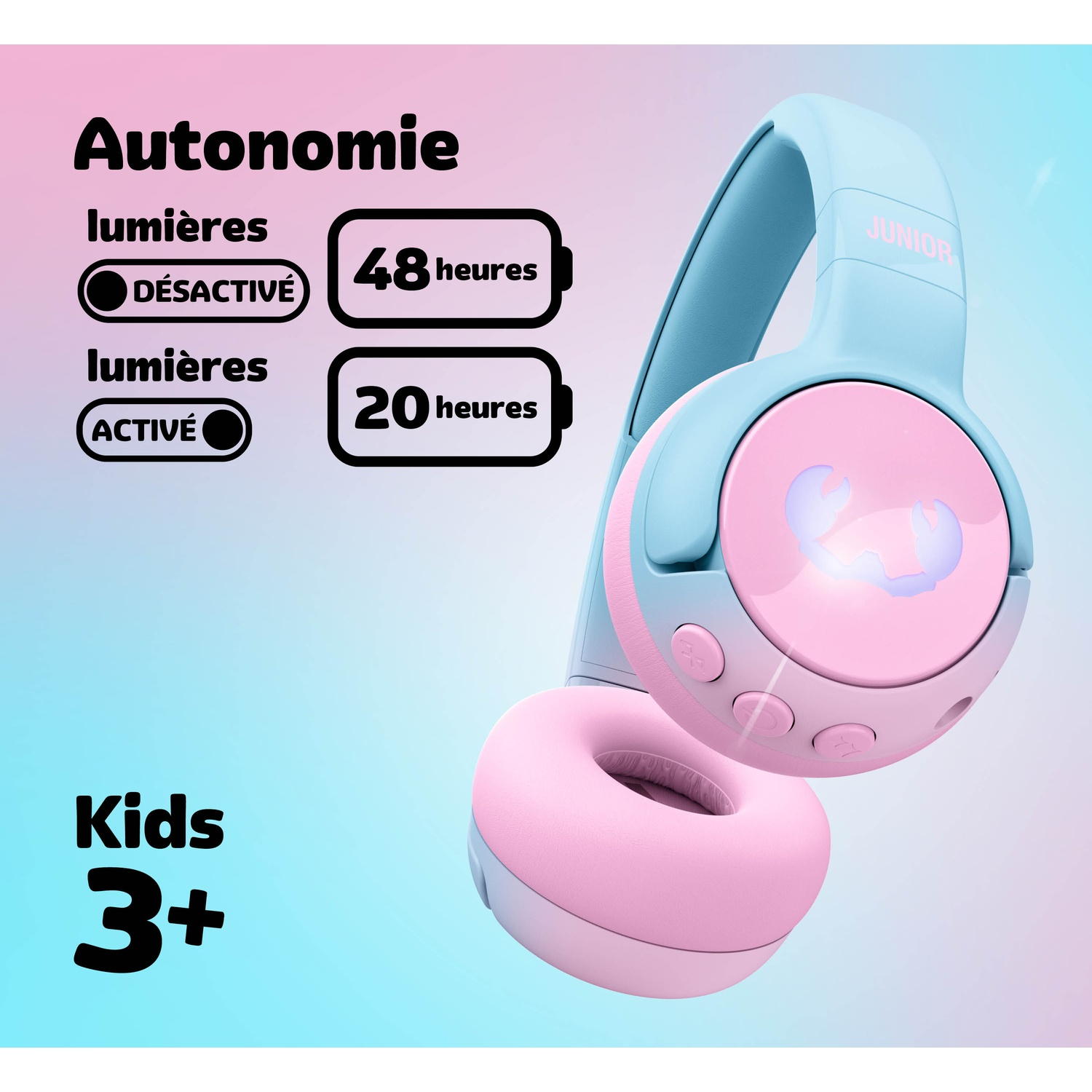 Casque bleu et rose pour enfants avec autonomie et texte "Kids 3+".