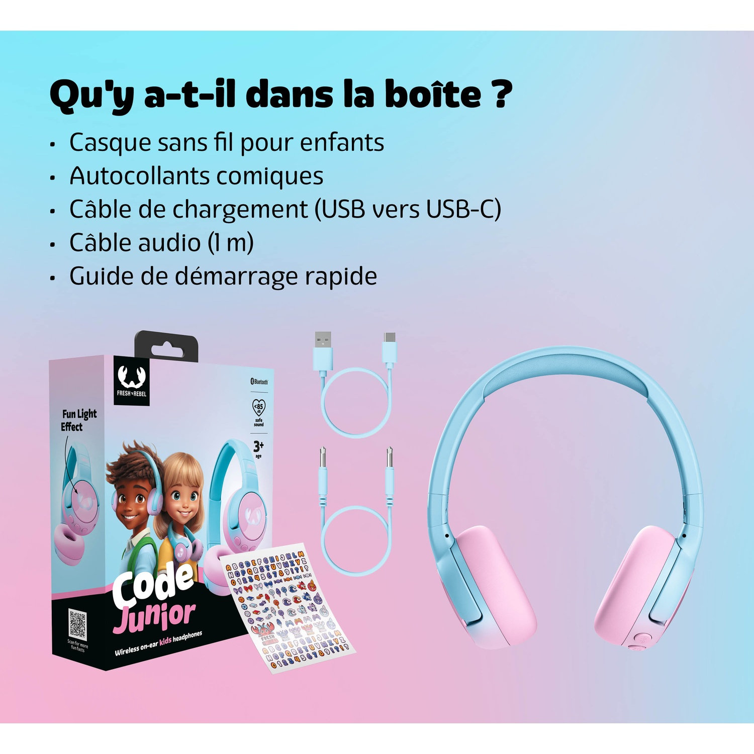 Casque bleu et rose avec accessoires et autocollants.