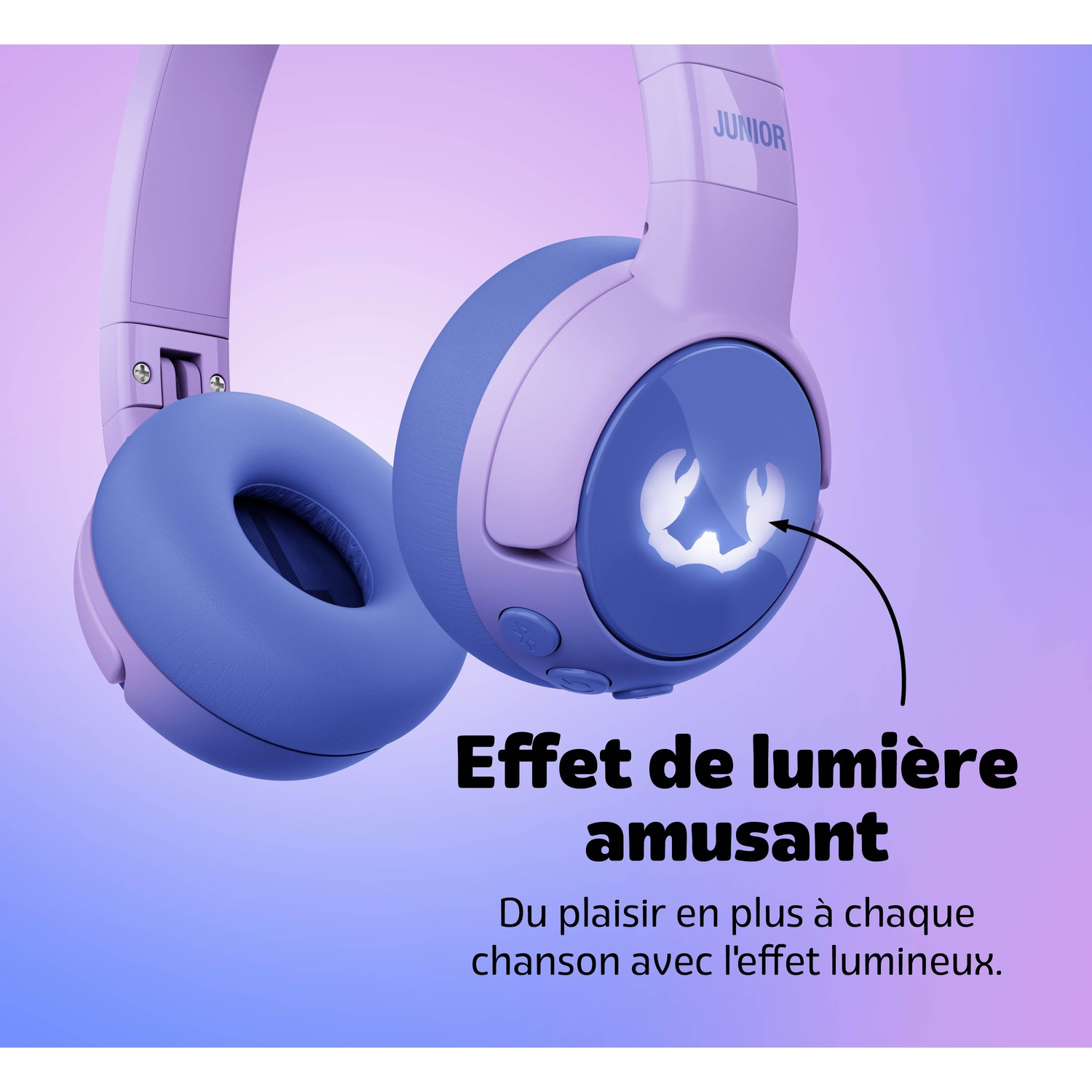 Casque junior violet et bleu avec un motif crabe lumineux.